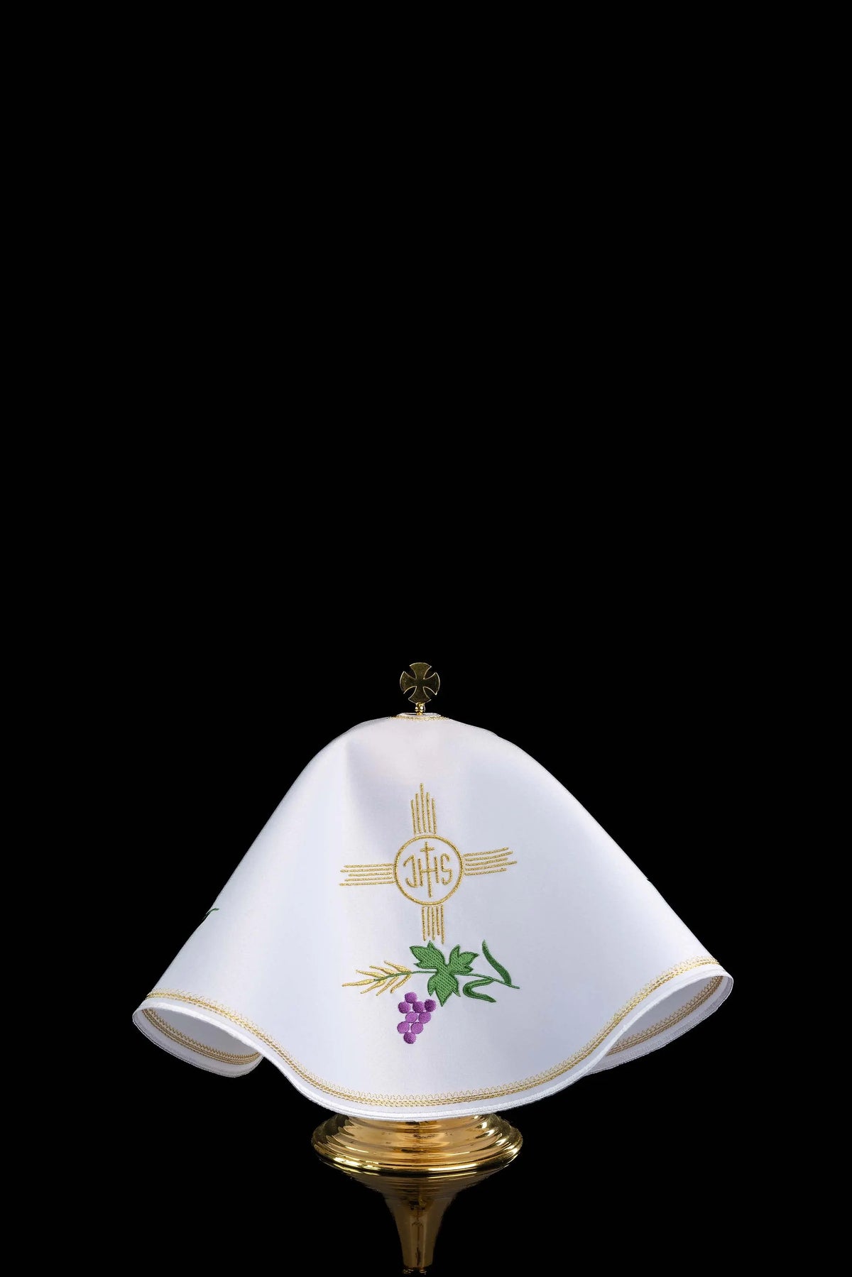 White ciborium veil with IHS, wheat, and grape motifs, front view