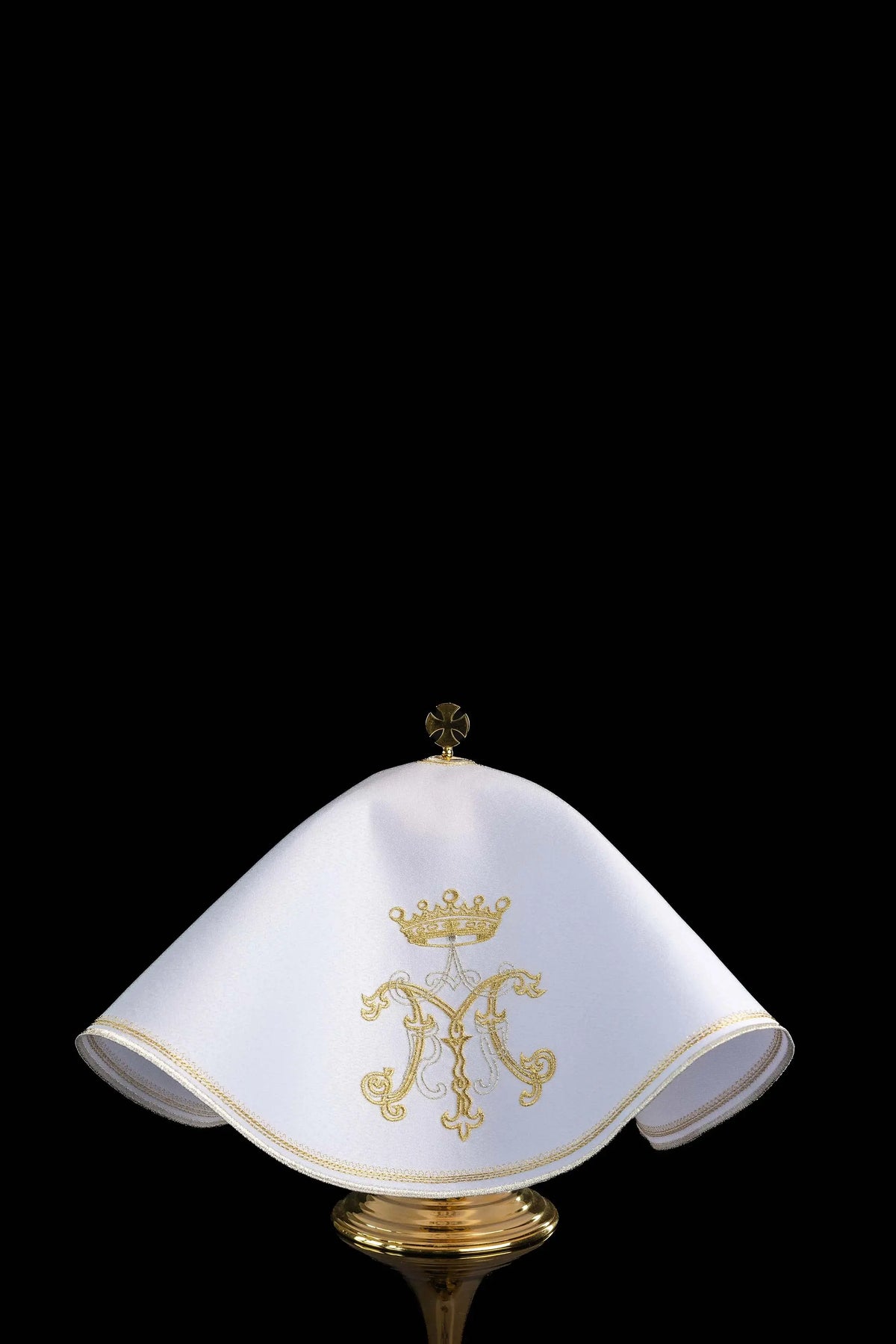 White Ciborium Veil with Gold Marian Embroidery, front view