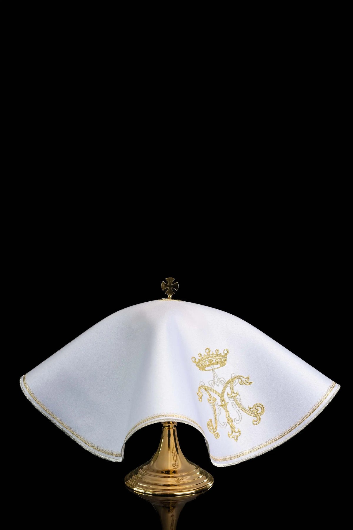 White ciborium veil with gold Marian embroidery, angled front view