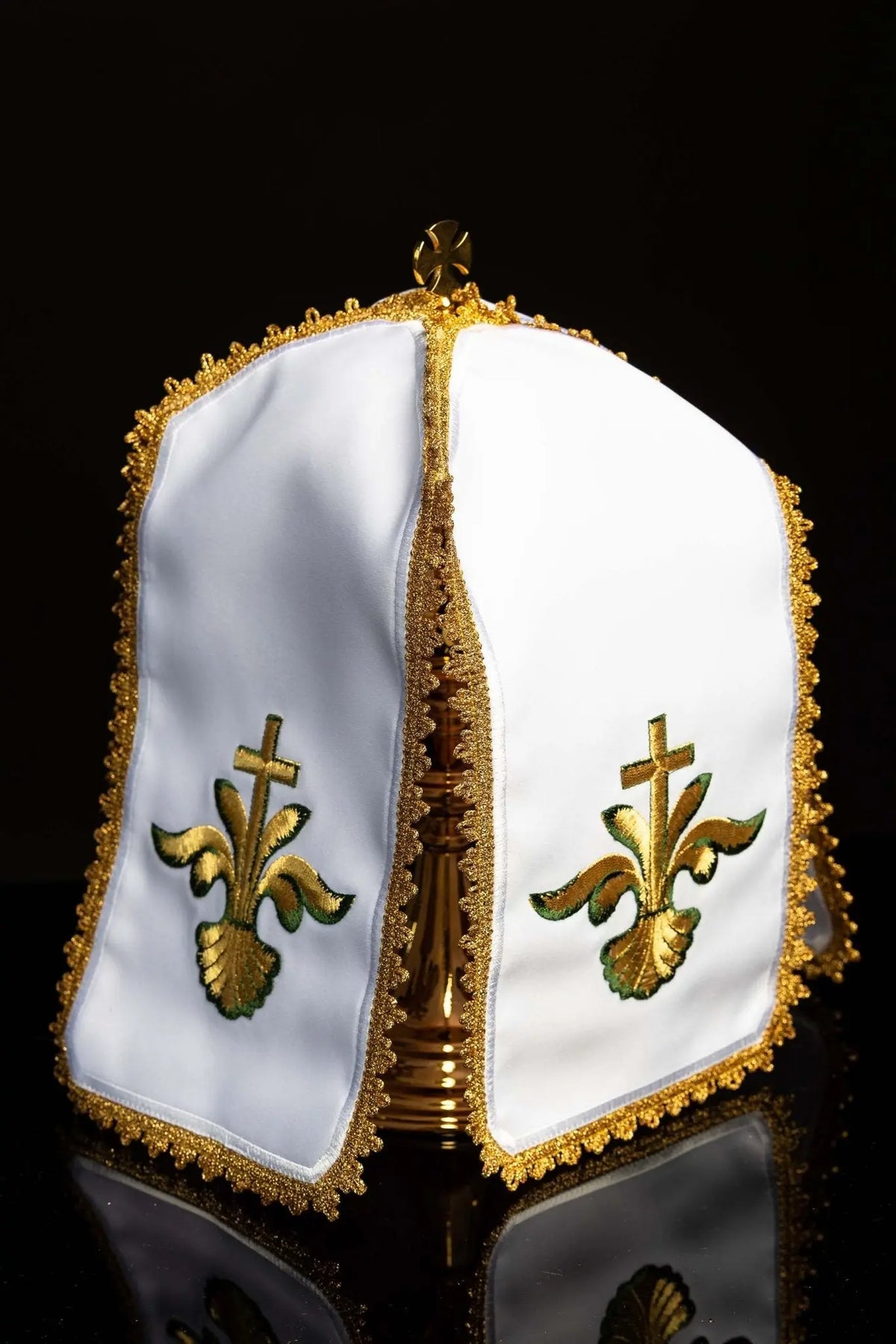 White ciborium veil with gold floral cross embroidery, full front view