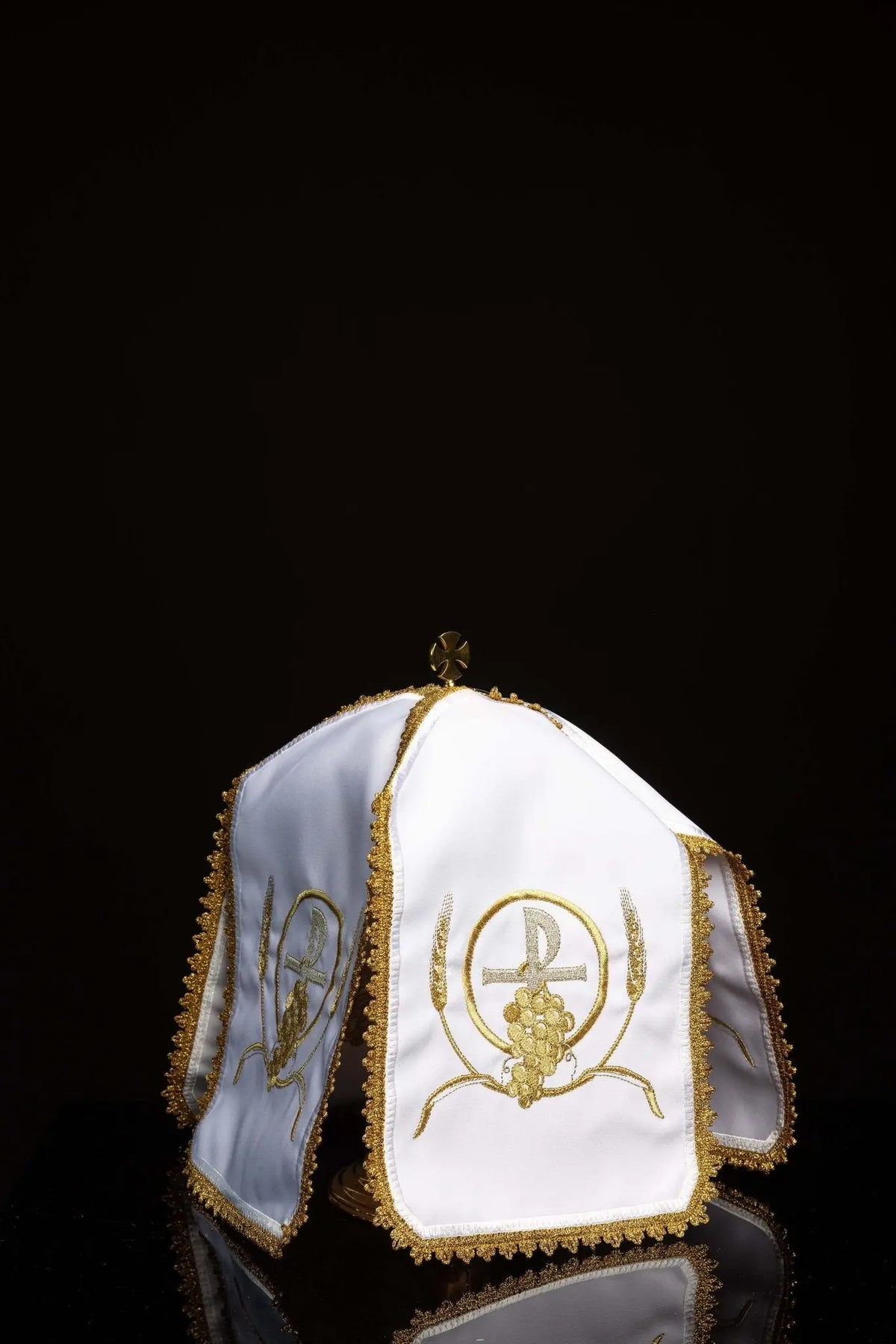 White Ciborium Veil with PAX Embroidery, Grapes and Wheat, front view