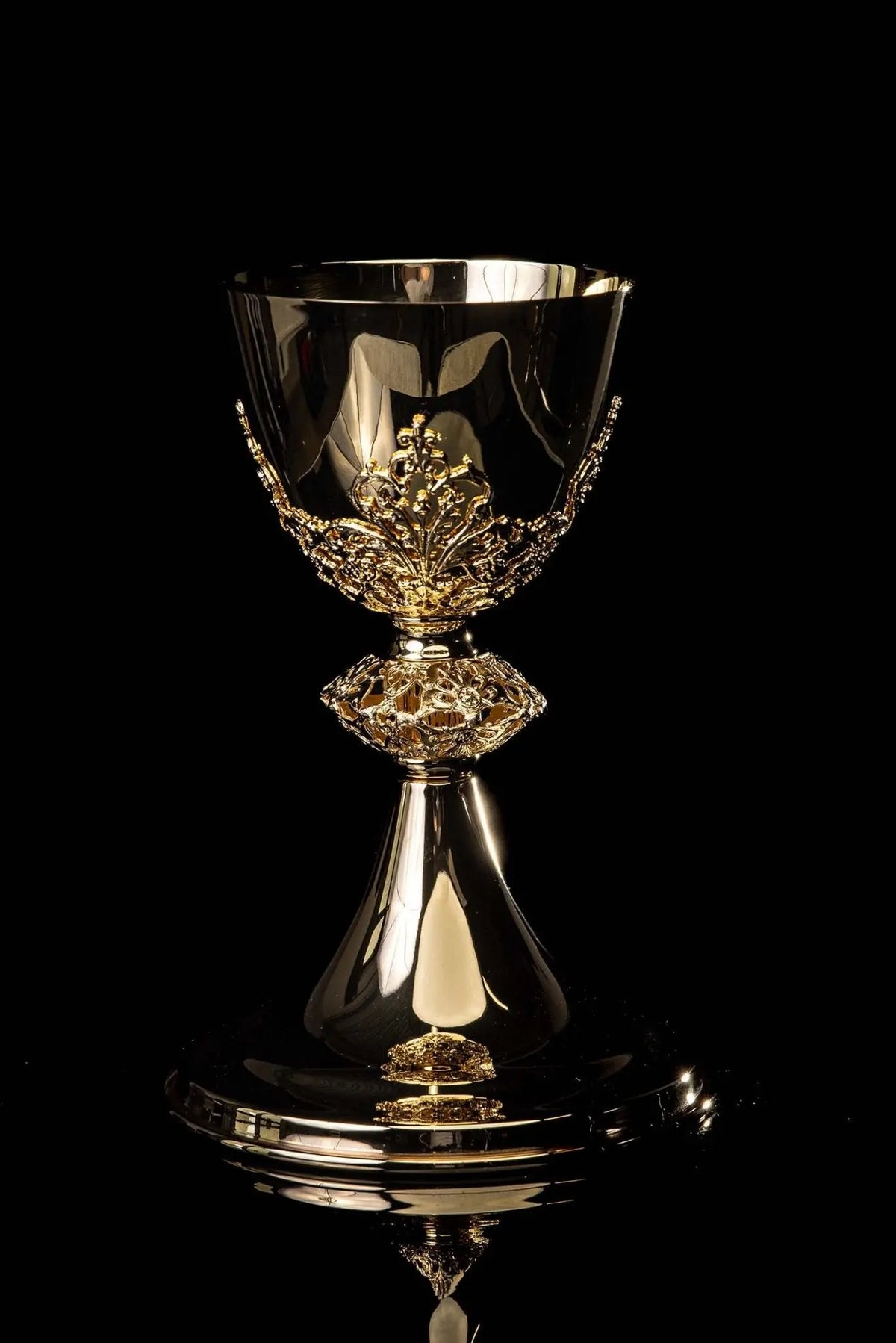 Gold-plated brass chalice with floral ornament, full front view