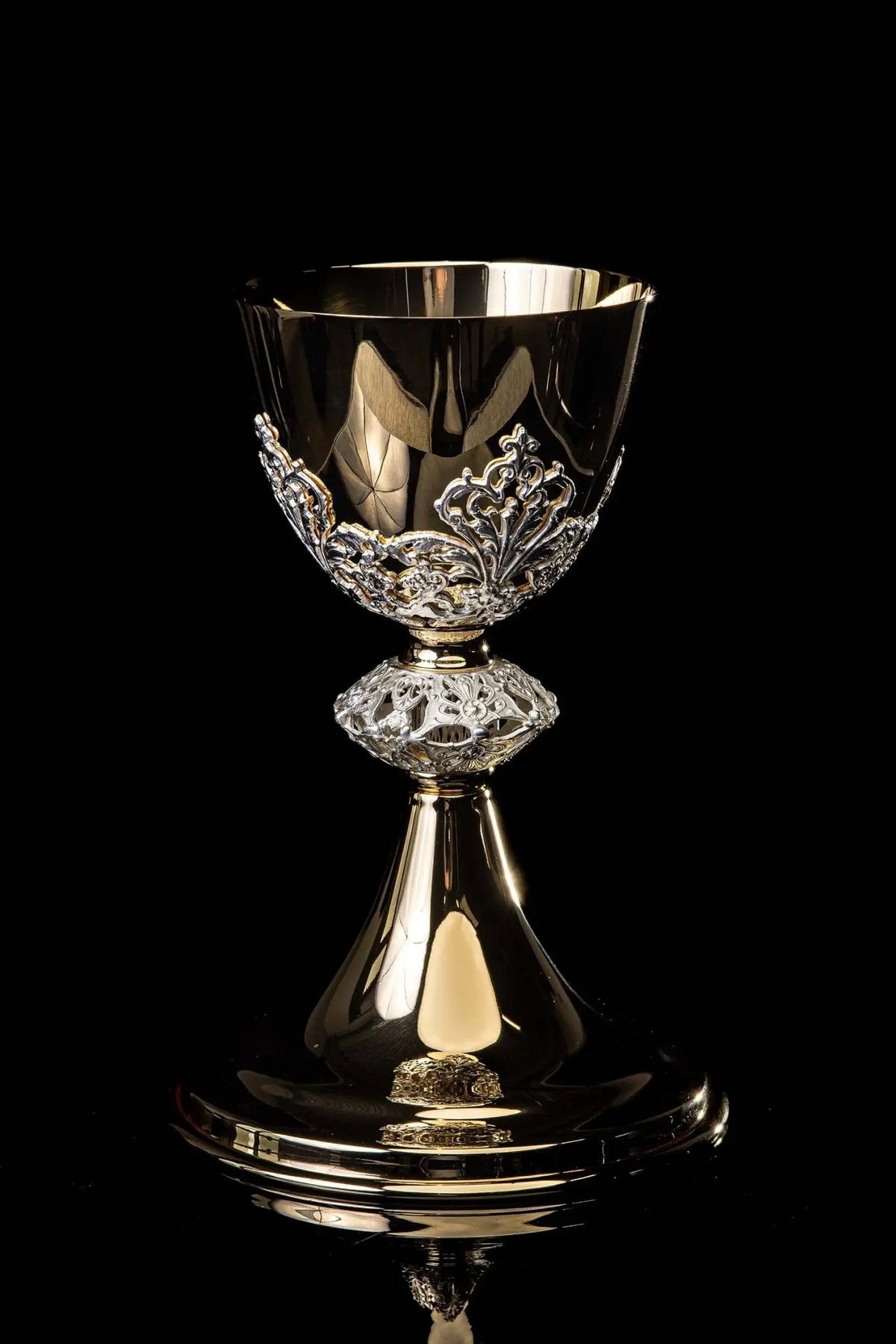 Gold-plated brass chalice with botanical ornament, 7.5 in (19 cm), full front view