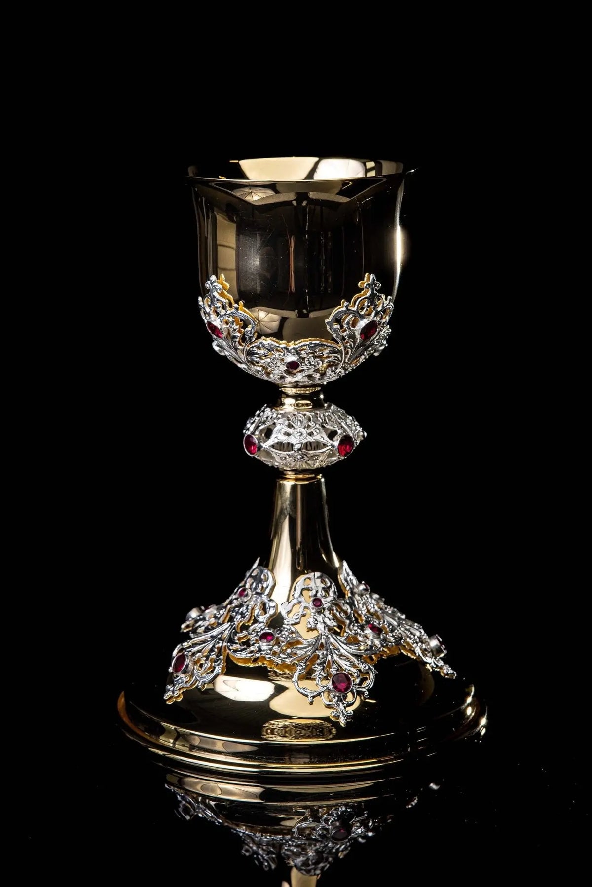 Gold Chalice with Openwork Plant Ornaments and Decorative Rubies, full front view