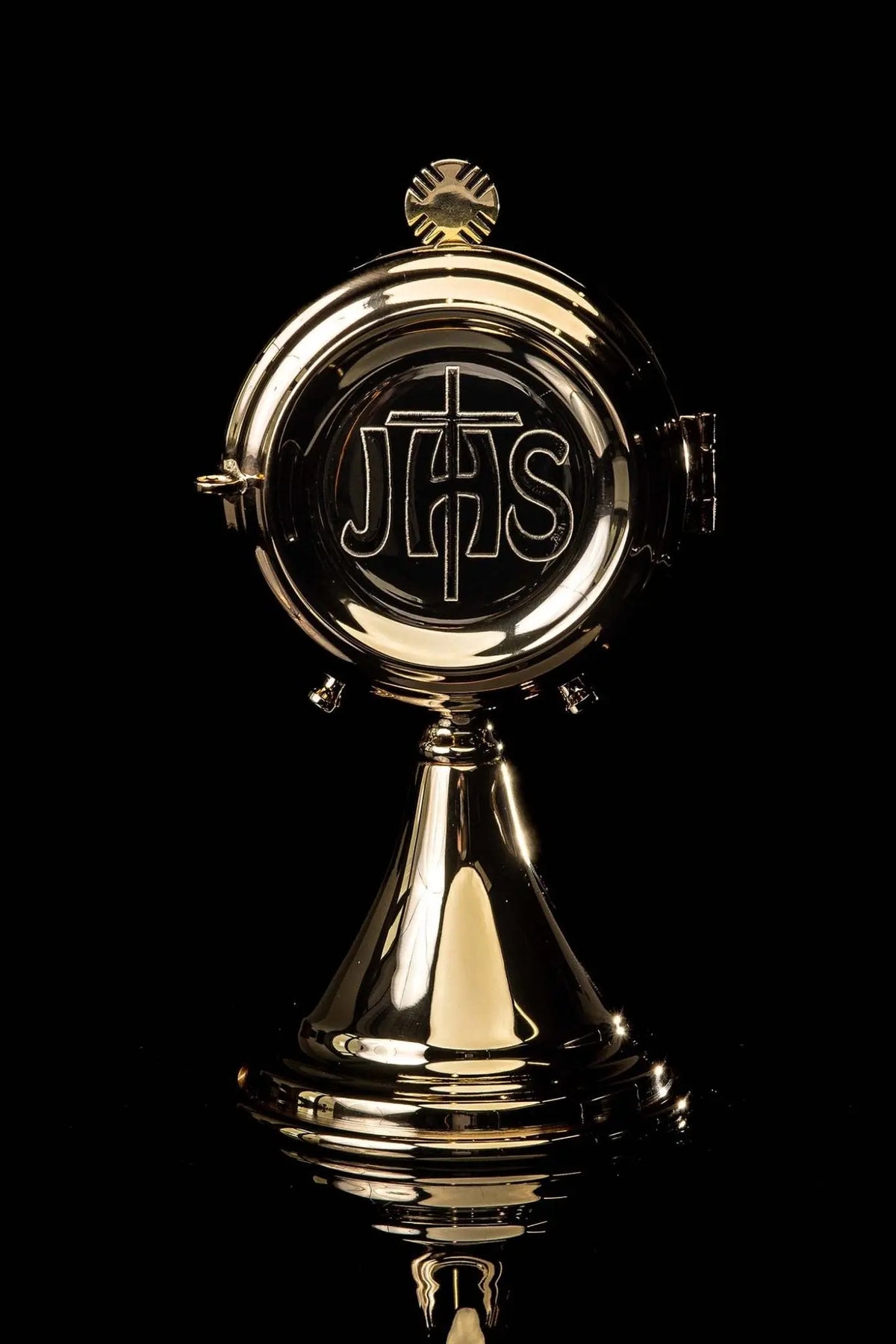 Brass Luna Holder with Cross, 8.25 in (21 cm), with IHS motif, front view