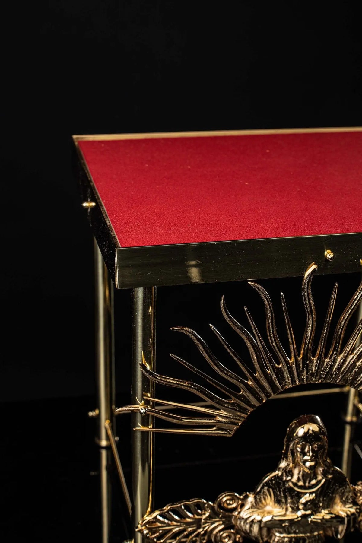 Gold Thabor Table with Christ, red tabletop close-up