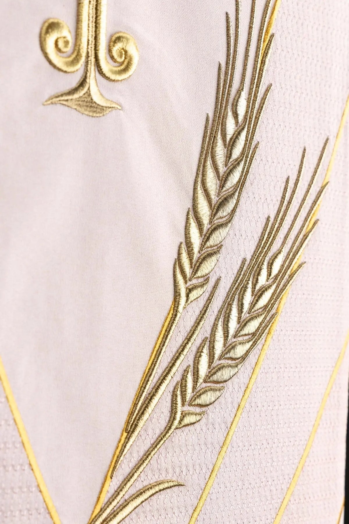 Rose church lectern cover with wheat and cross embroidery, close-up view