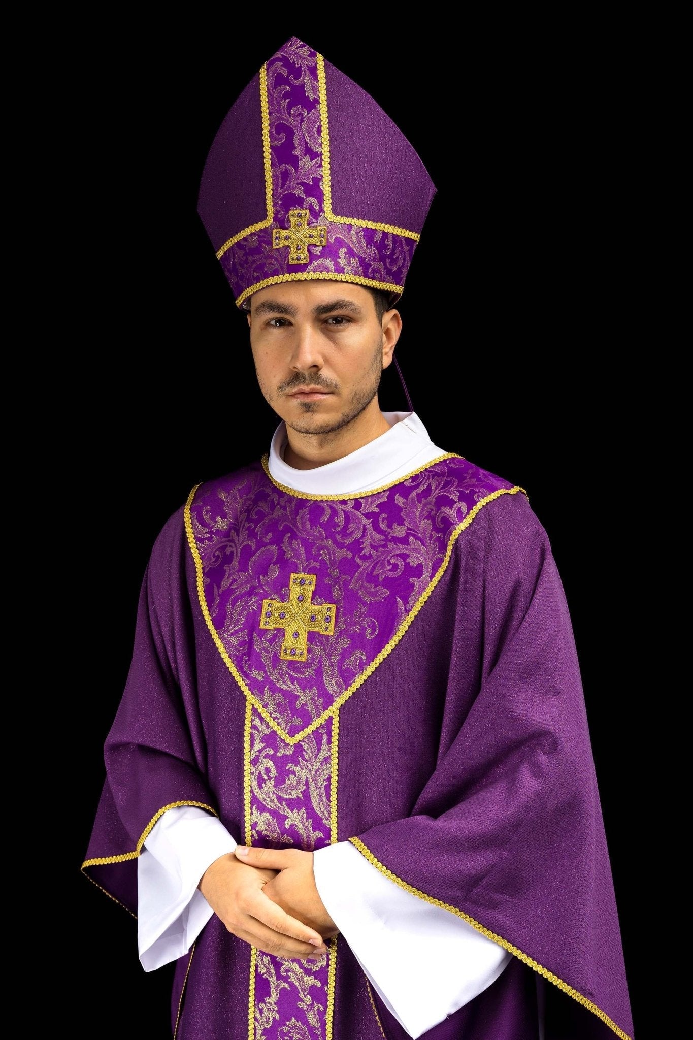 Purple mitre with embroidered cross and jacquard fabric