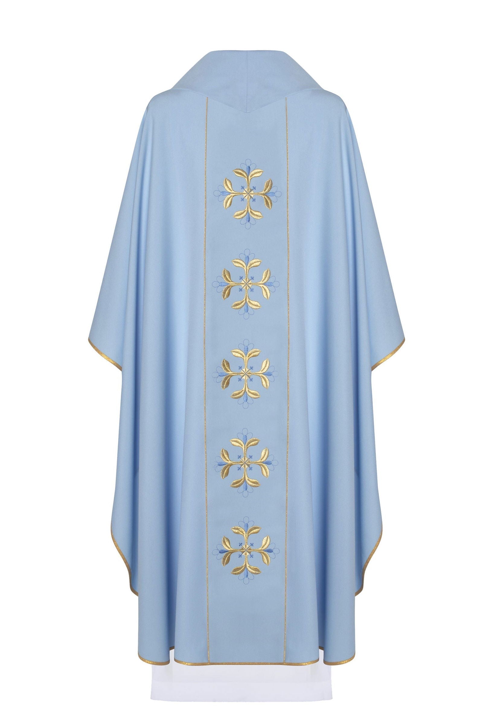 Blue Marian liturgical chasuble with wide collar and belt