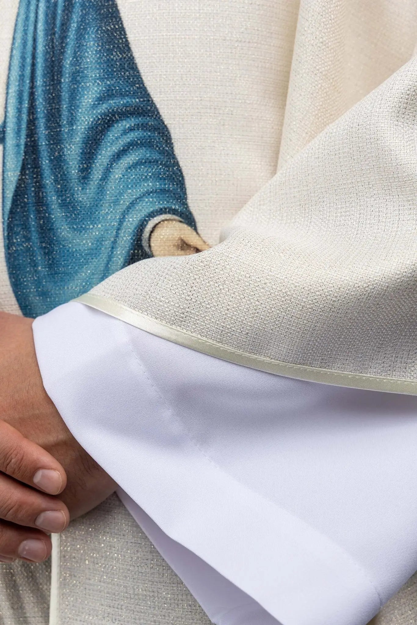 Ecru chasuble with printed image of the Immaculate Conception, Marian vestment