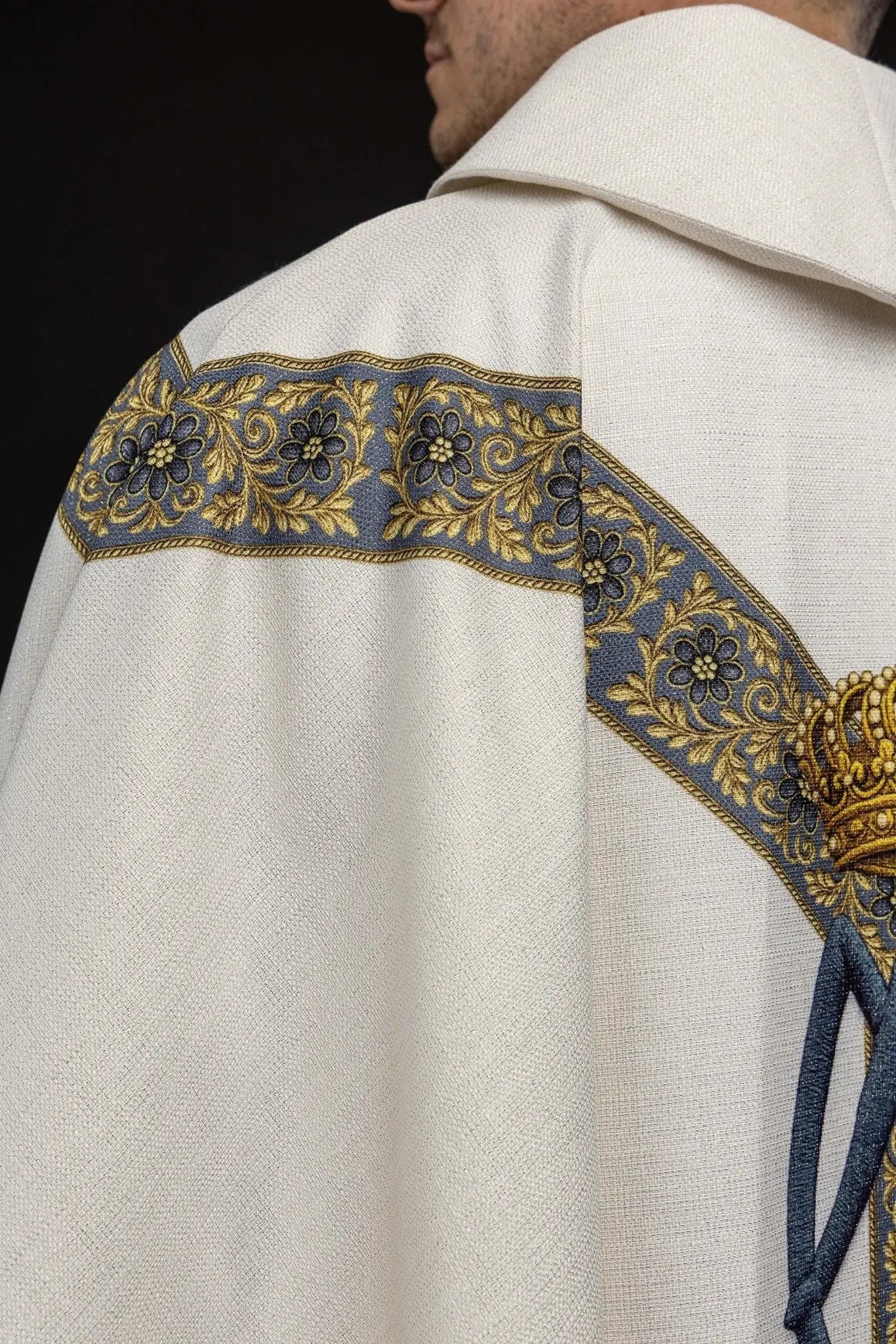 Ecru chasuble with printed image of Our Lady of the Assumption