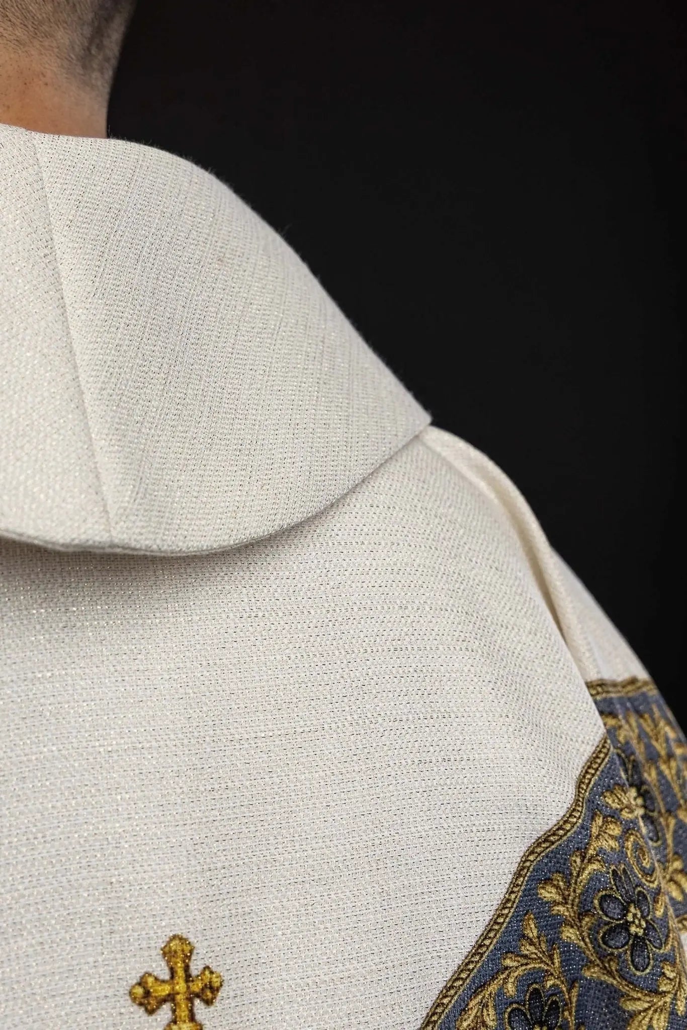 Ecru chasuble with printed image of Our Lady of the Assumption