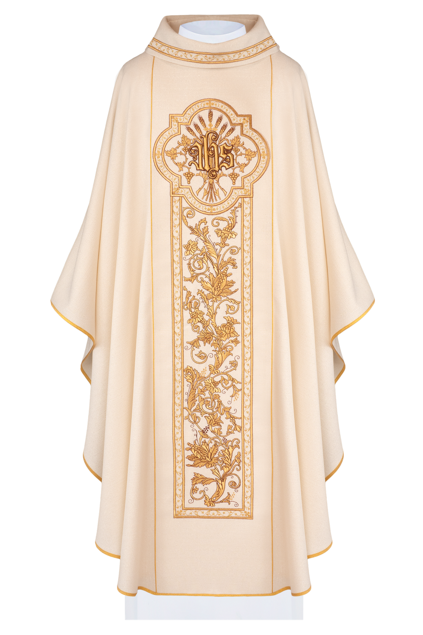 Ecru chasuble richly decorated with IHS motif