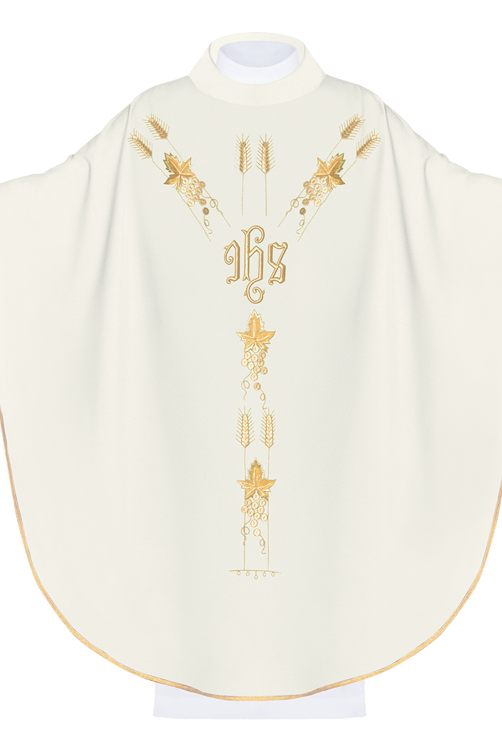 Chasuble embroidered with IHS and grapes in ecru