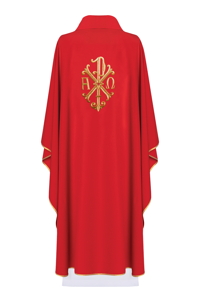 Alpha and Omega embroidered chasuble Red Gold piping