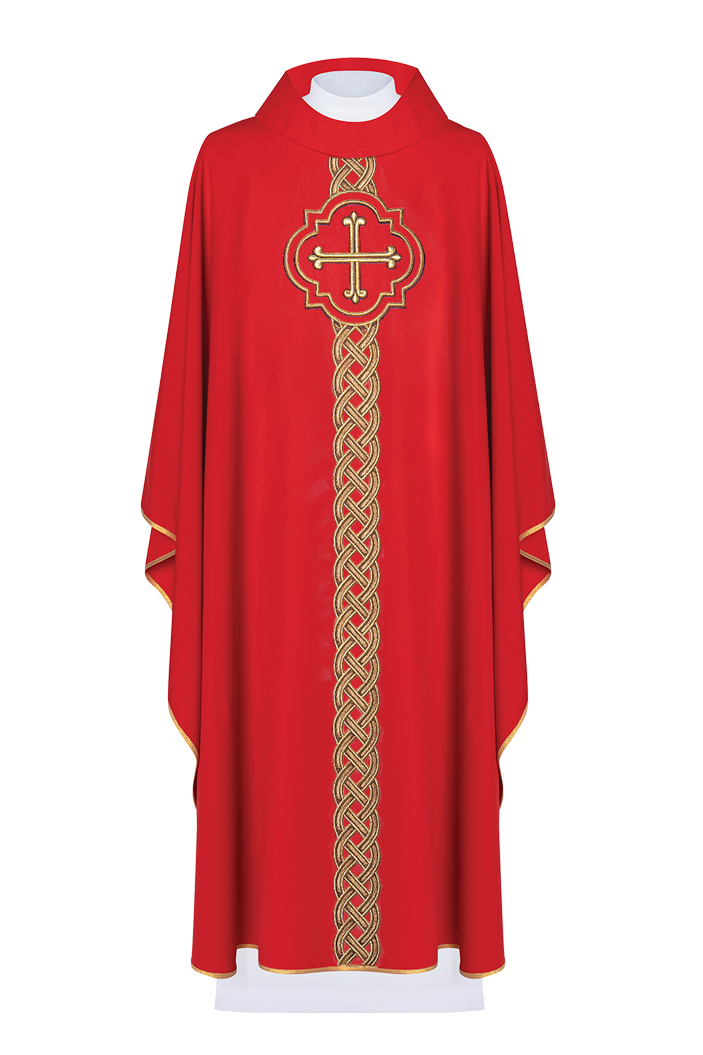 Embroidered Red Chasuble with Cross and Decorative Pattern