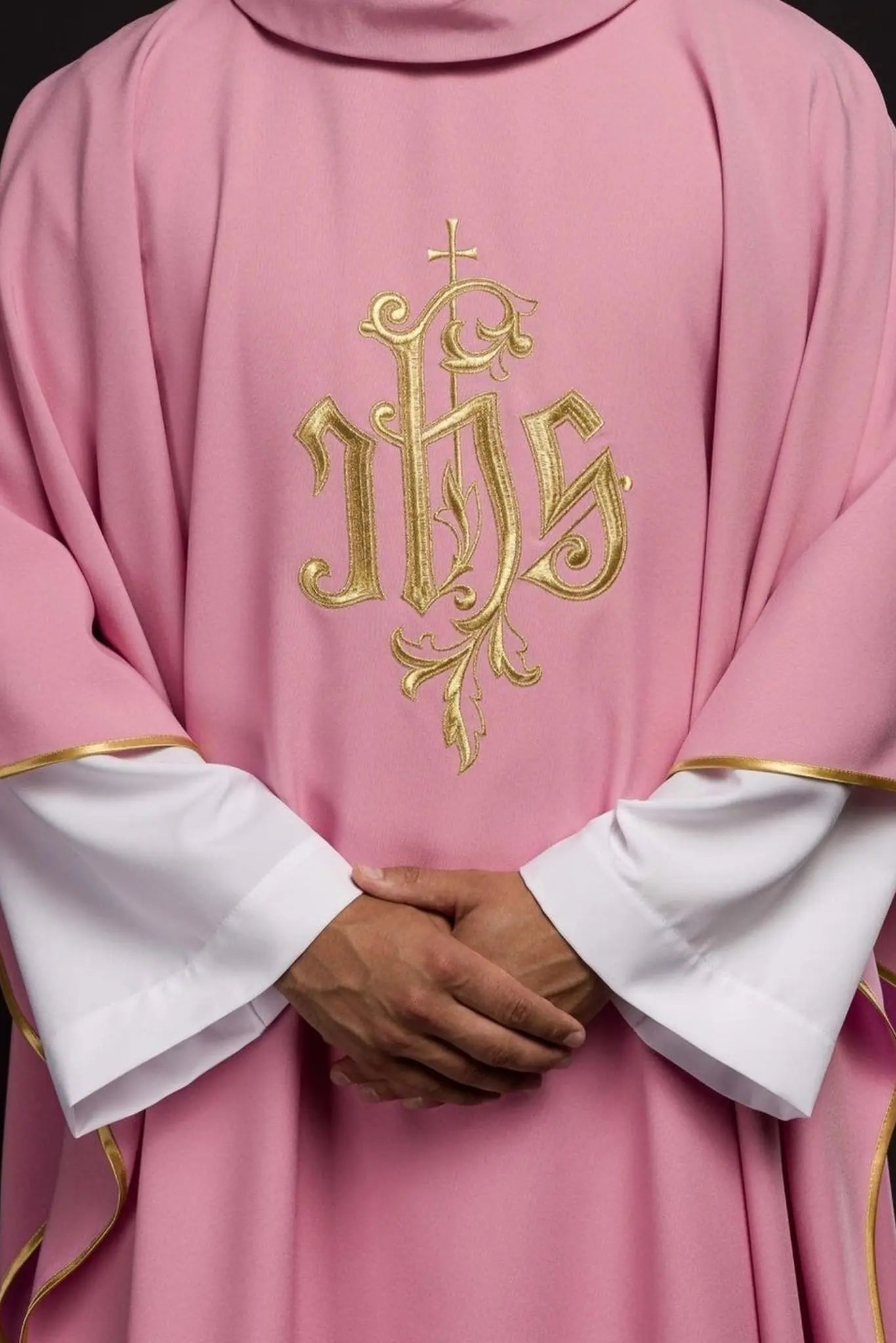 IHS embroidered chasuble in pink
