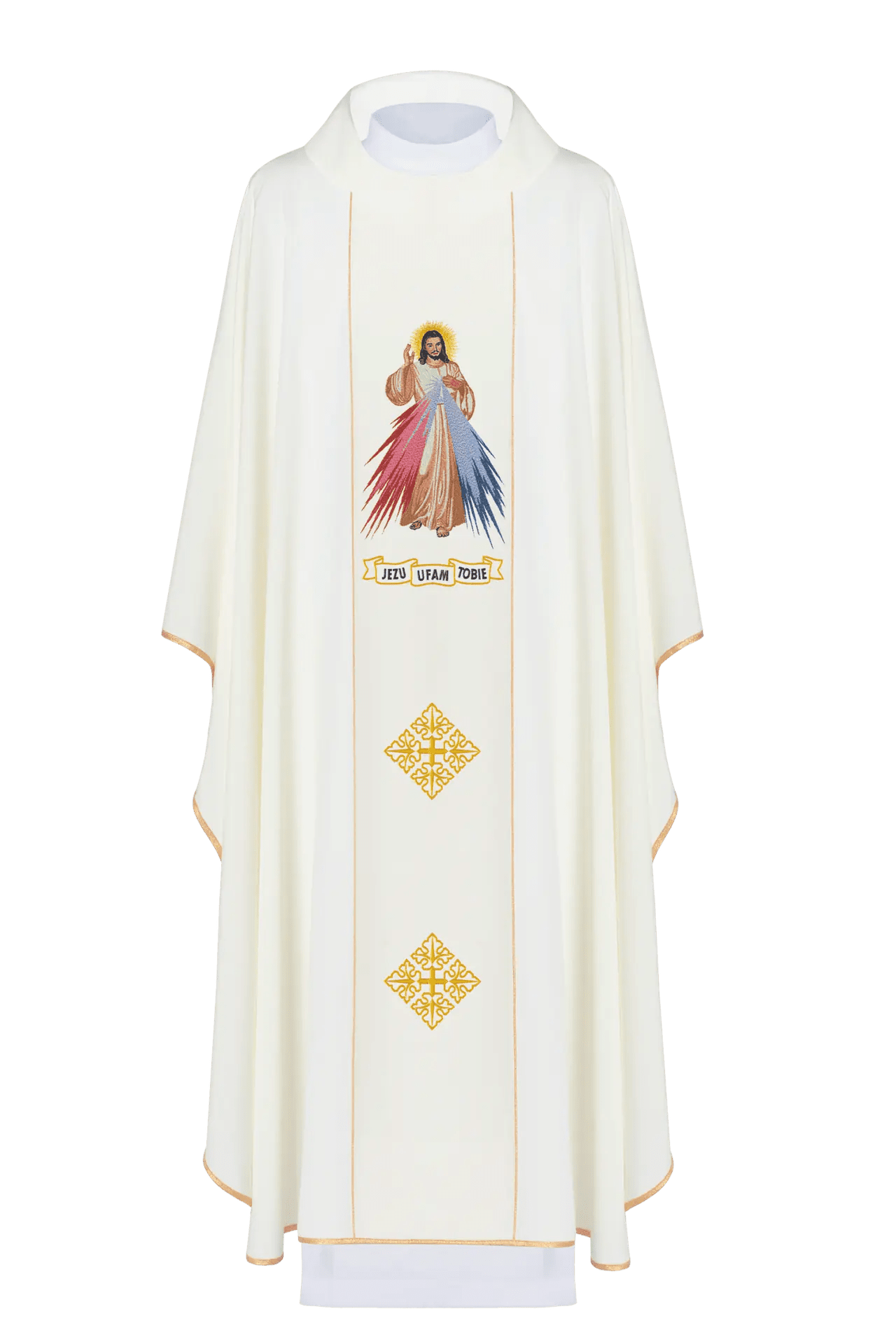 Casula bordada com Jesus Misericordioso e IHS em cru
