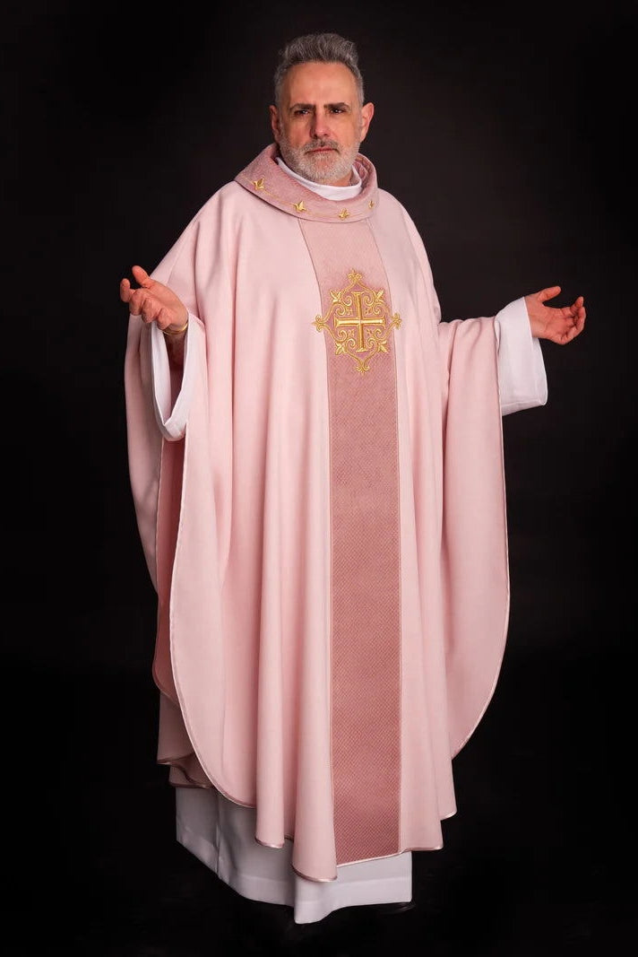 Chasuble embroidered on velvet with the symbol Cross Pink