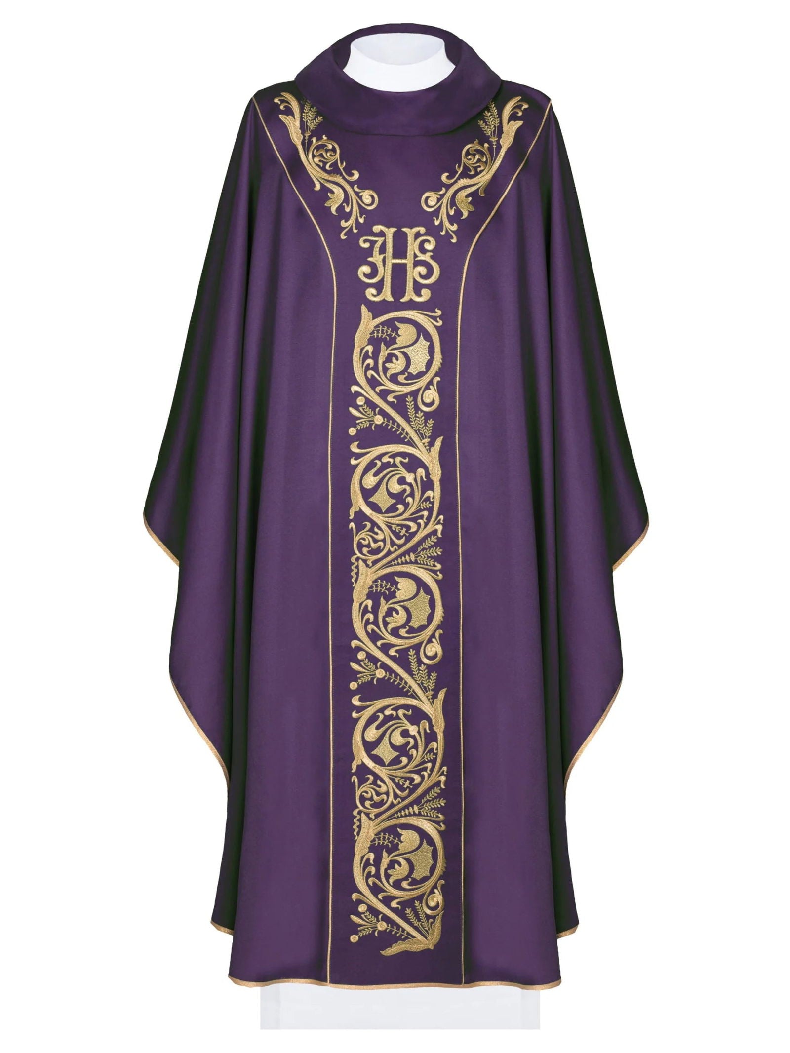 Embroidered chasuble with rich IHS decoration in purple