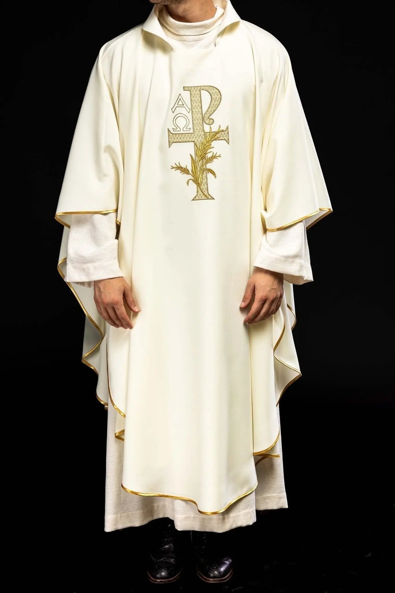 Embroidered Chasuble with Alpha and Omega Symbol and Wide Collar – Ecru