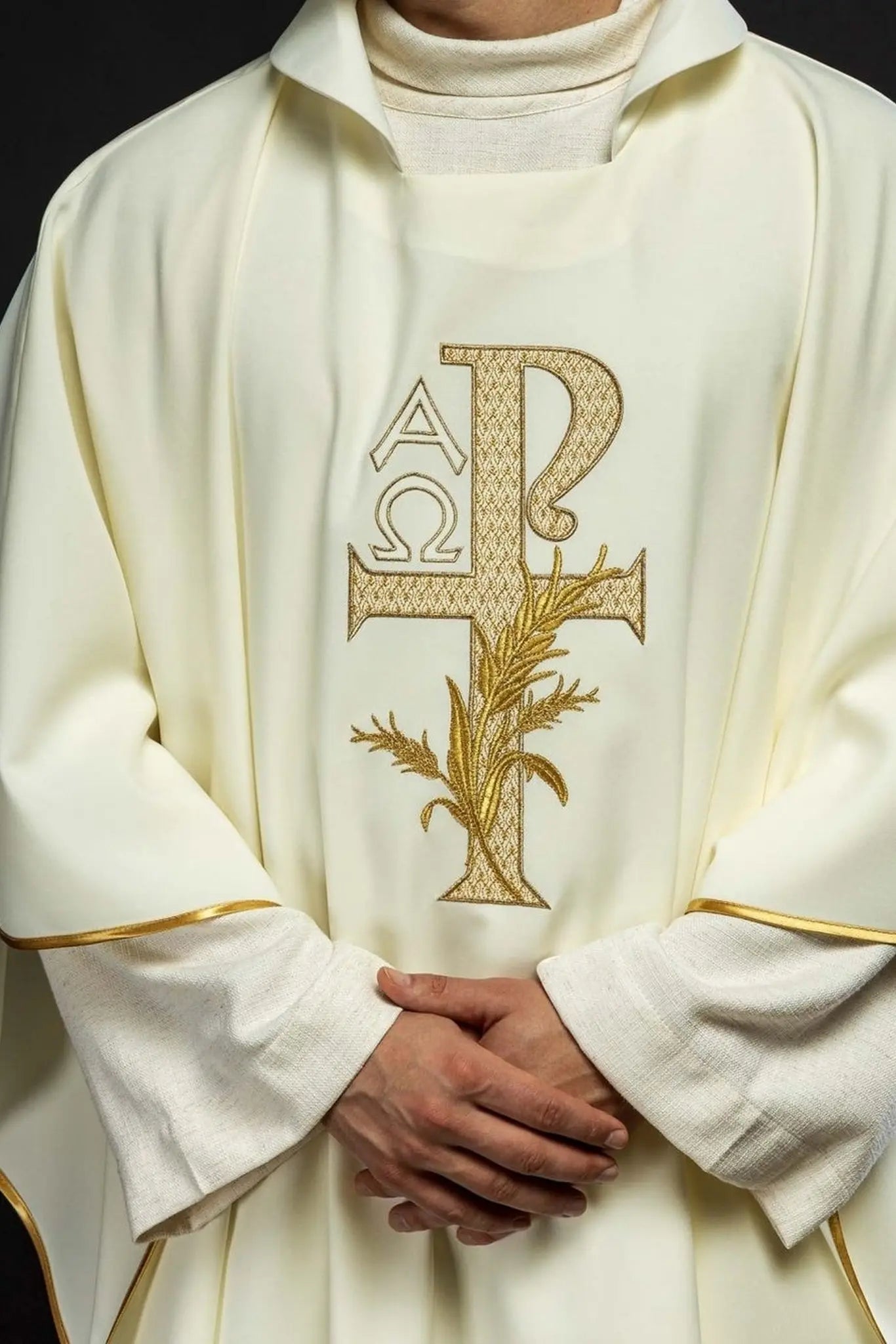 Embroidered Chasuble with Alpha and Omega Symbol and Wide Collar – Ecru
