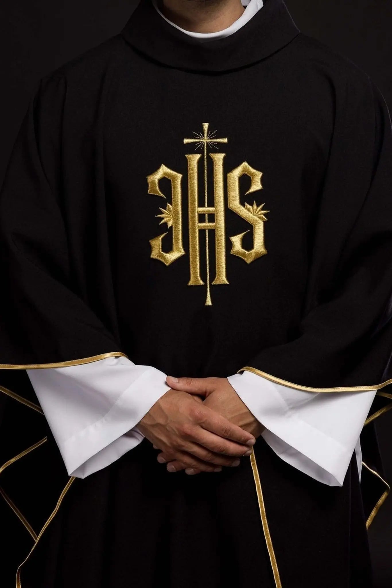 Embroidered chasuble with IHS symbol black