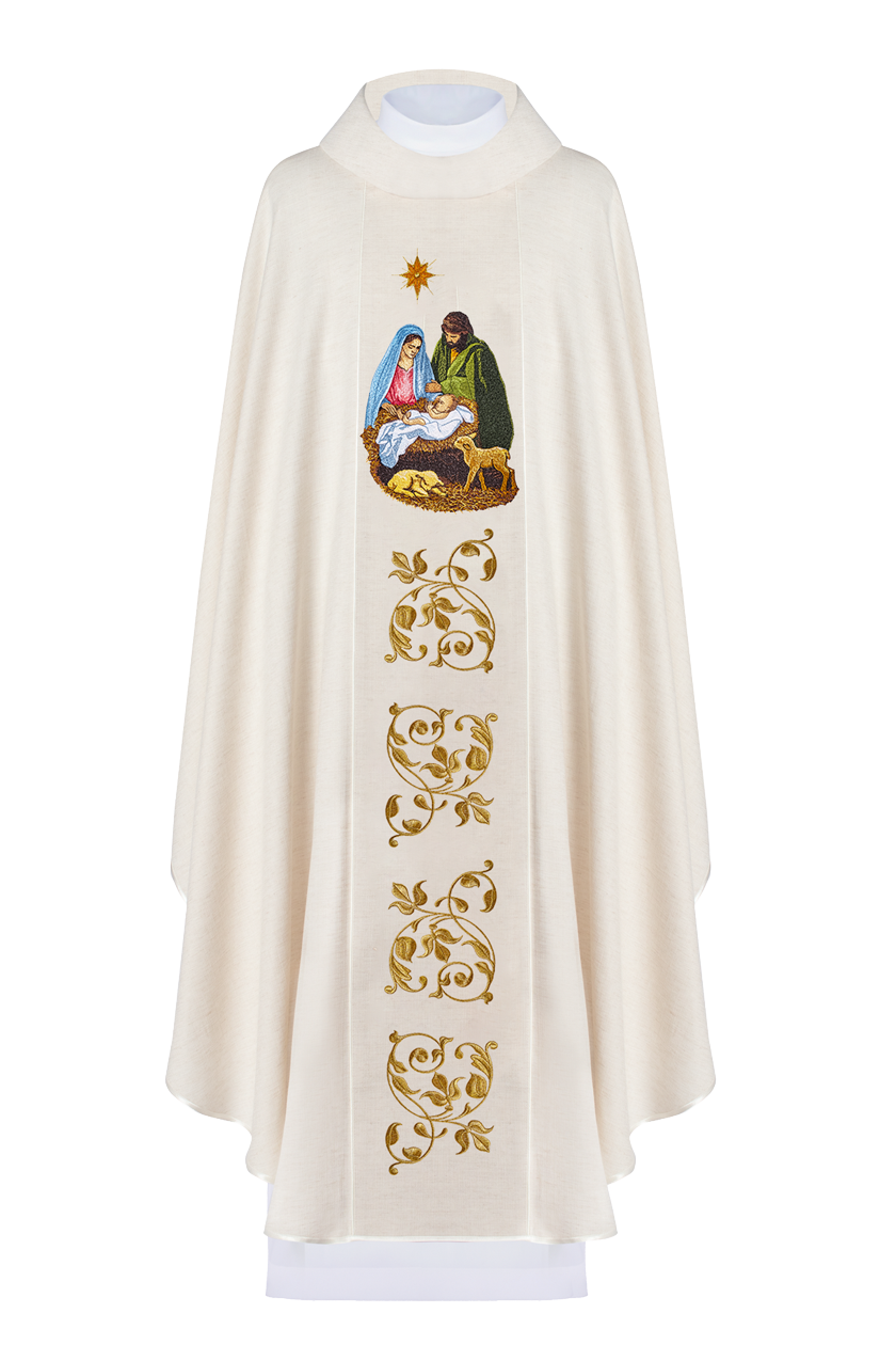 Chasuble embroidered with the image of the Holy Family natural weave fabric