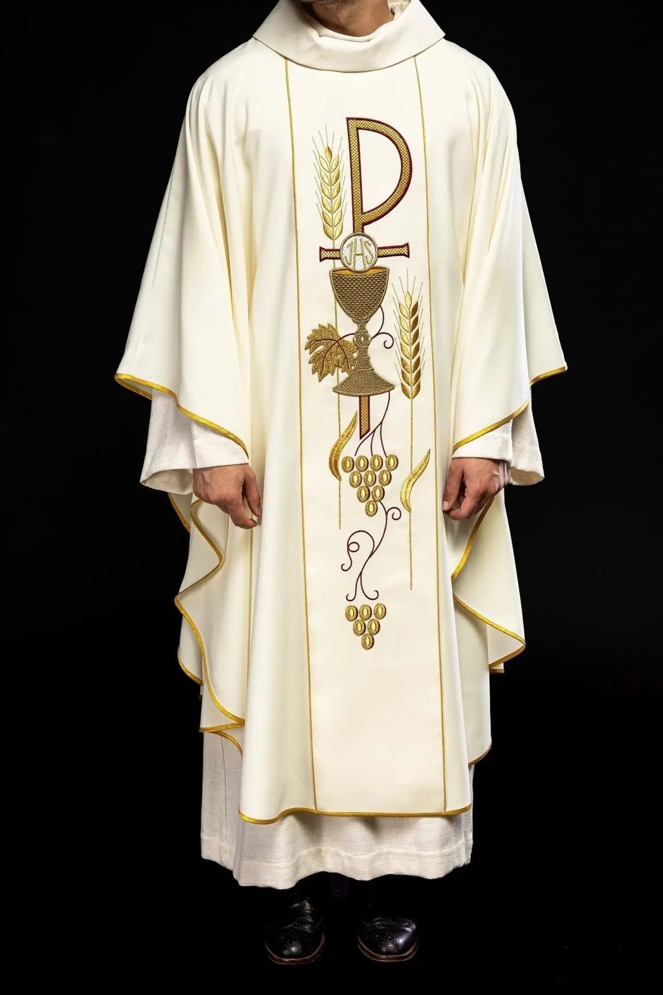 Embroidered chasuble with IHS chalice design in ecru