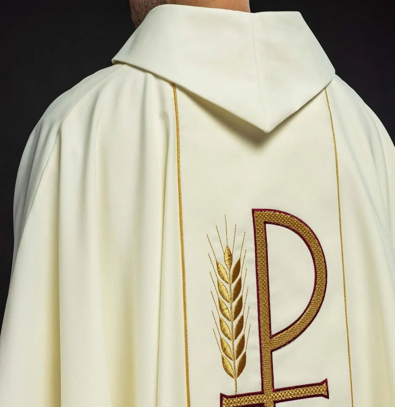 Embroidered chasuble with IHS chalice design in ecru