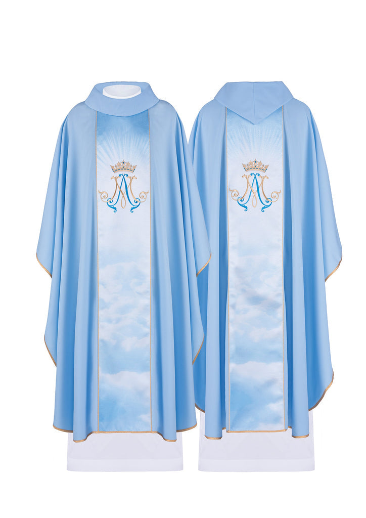 Niebieski ornat liturgiczny Maryjny z pasem sublimowanym i haftowanym