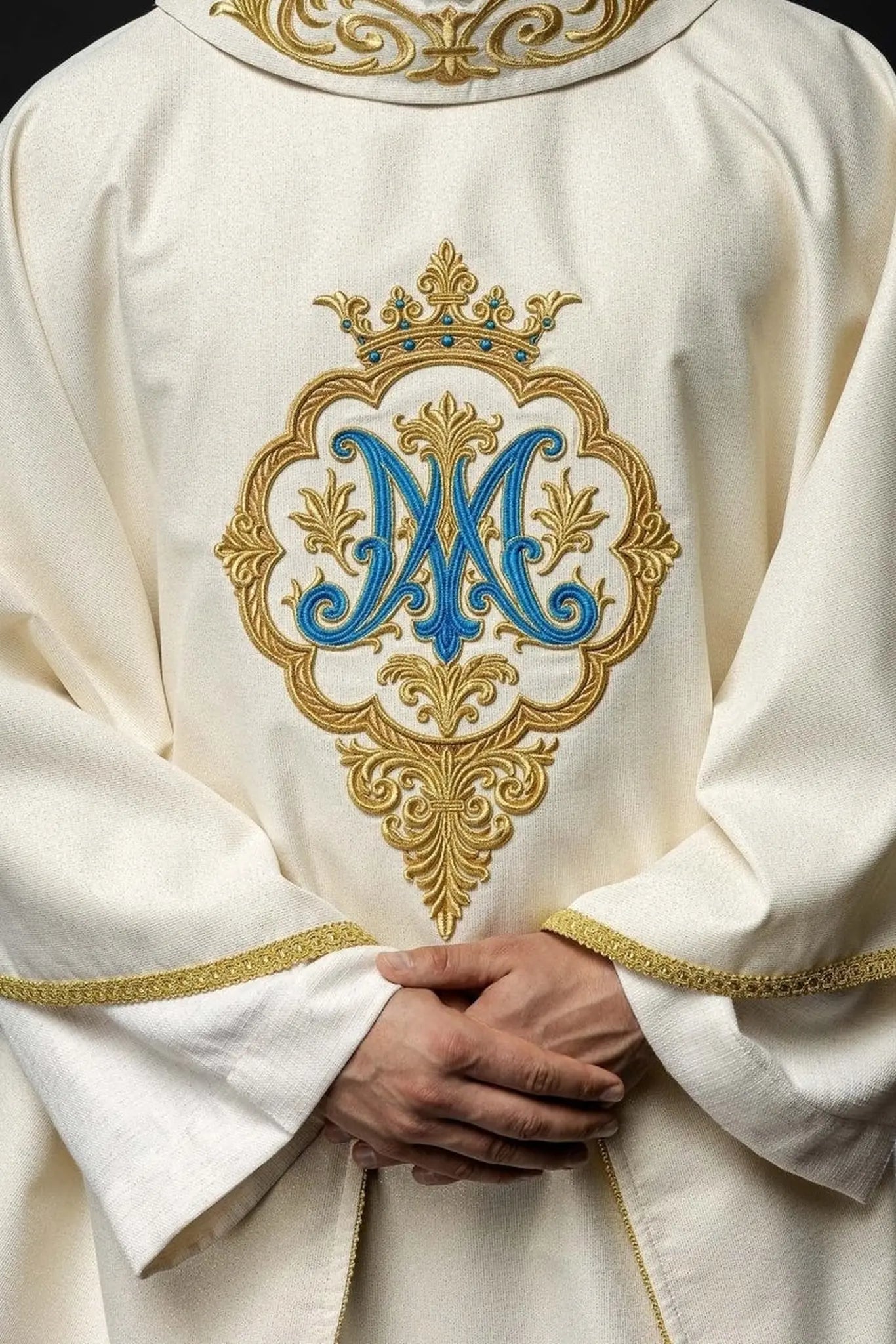 Liturgical Chasuble with Embroidered Marian Coat of Arms and Crown