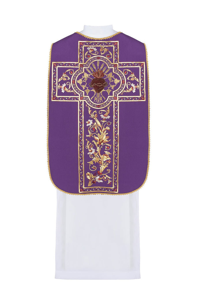 Ornat rzymski haftowany z symbolem Serca Jezusa Chrystusa KOR/199 Fioletowy