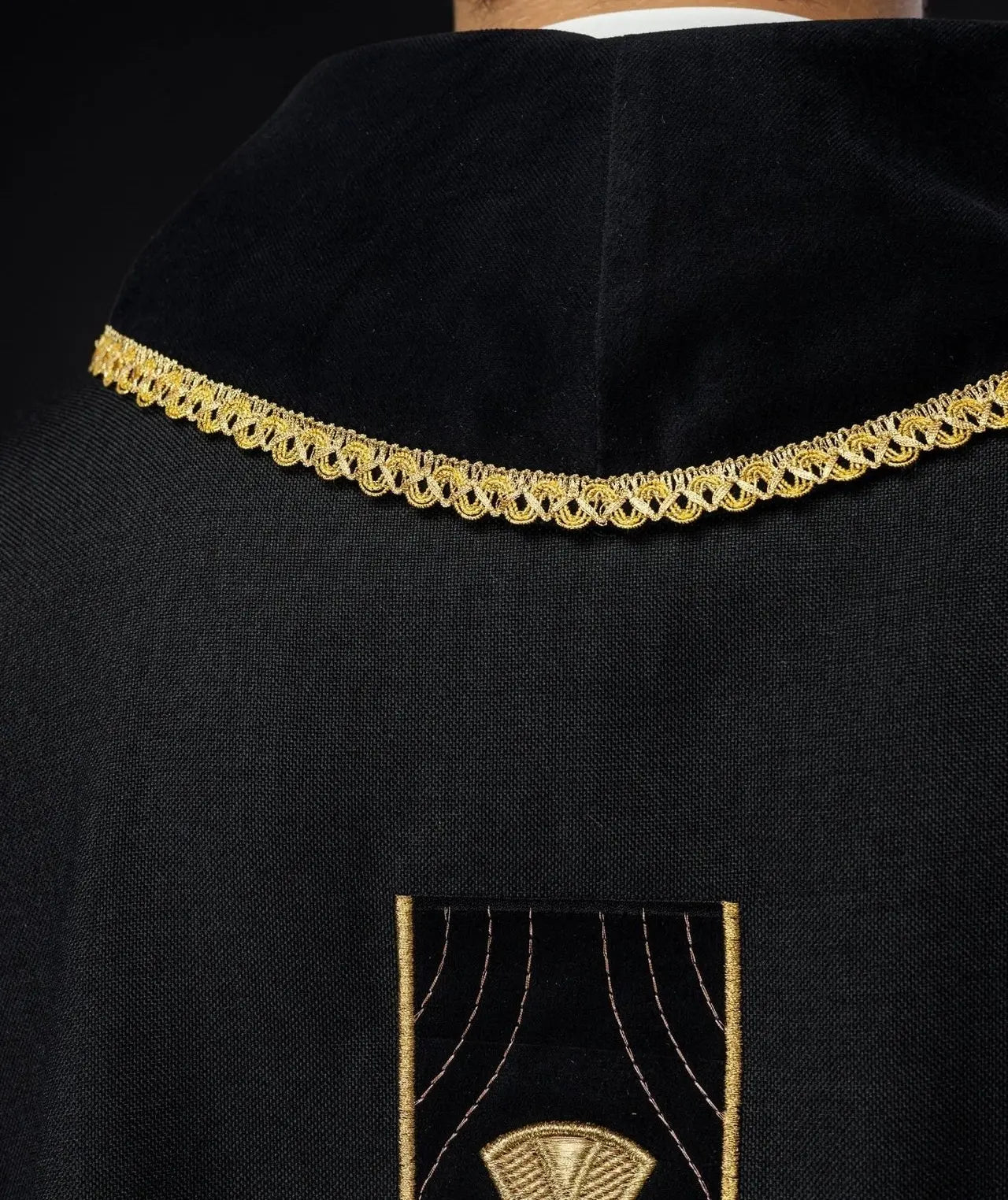 Chasuble with embroidered gold crosses and collar piping in black