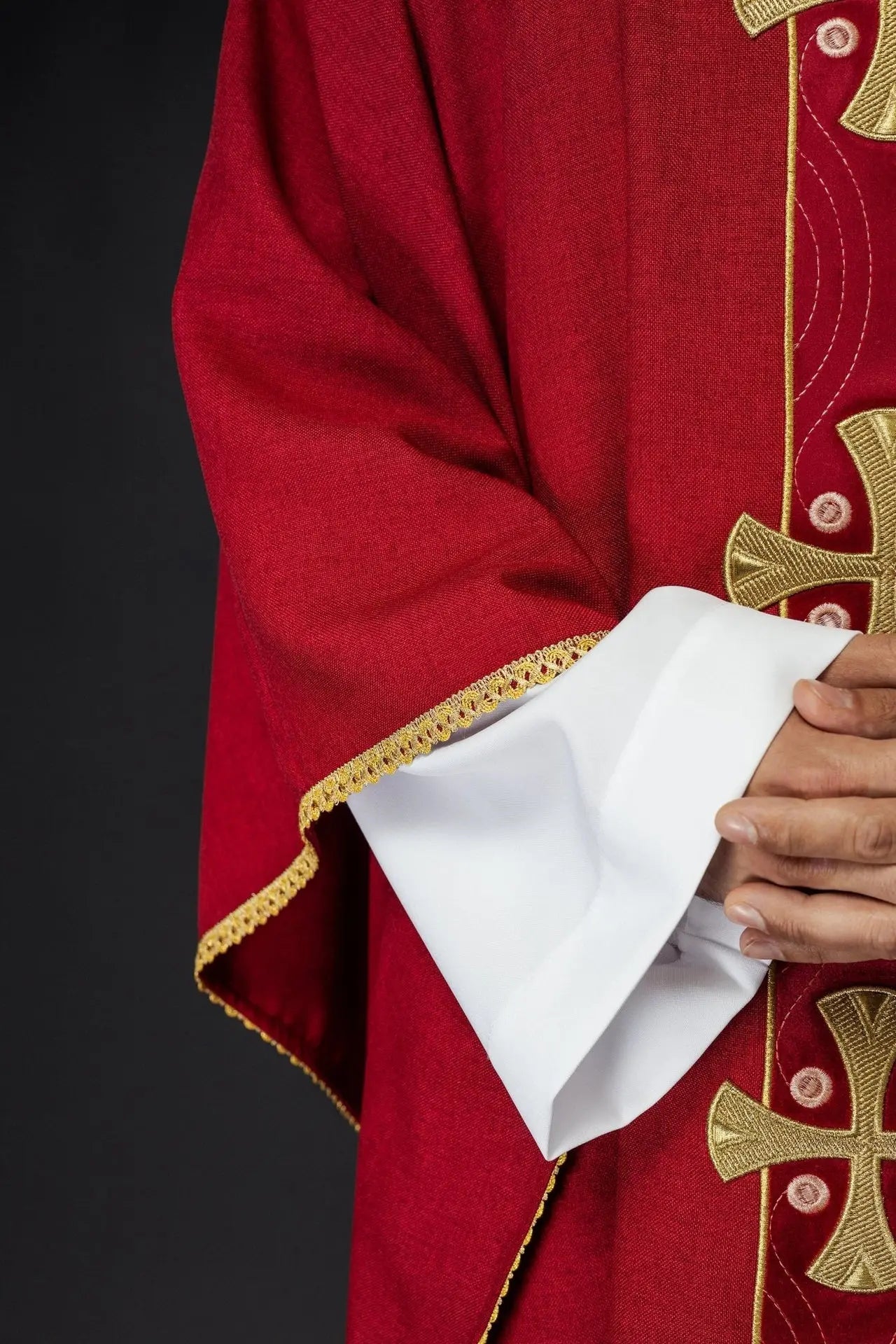 Chasuble with embroidered gold crosses and collar piping in red