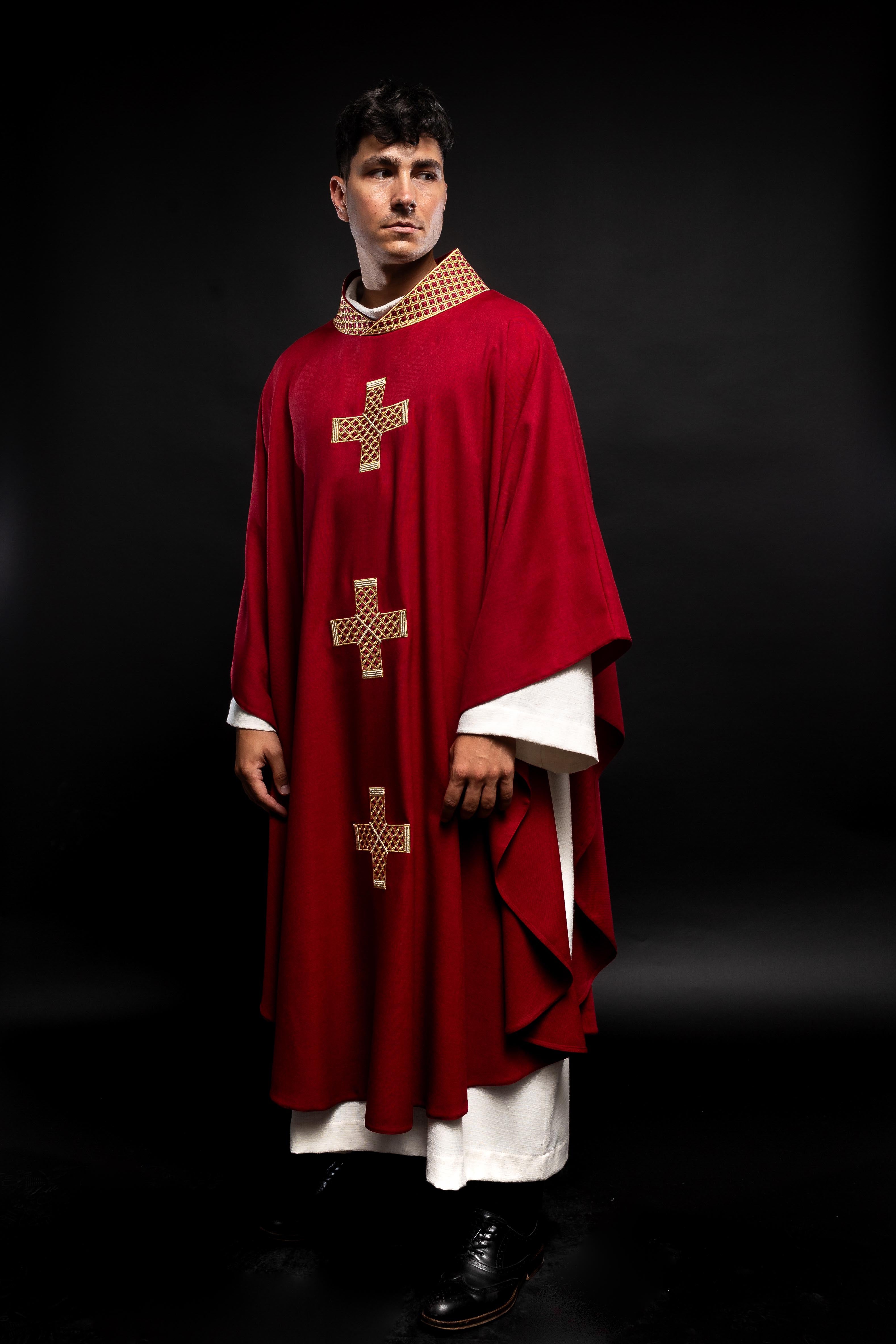 Chasuble in red with embroidered crosses and collar