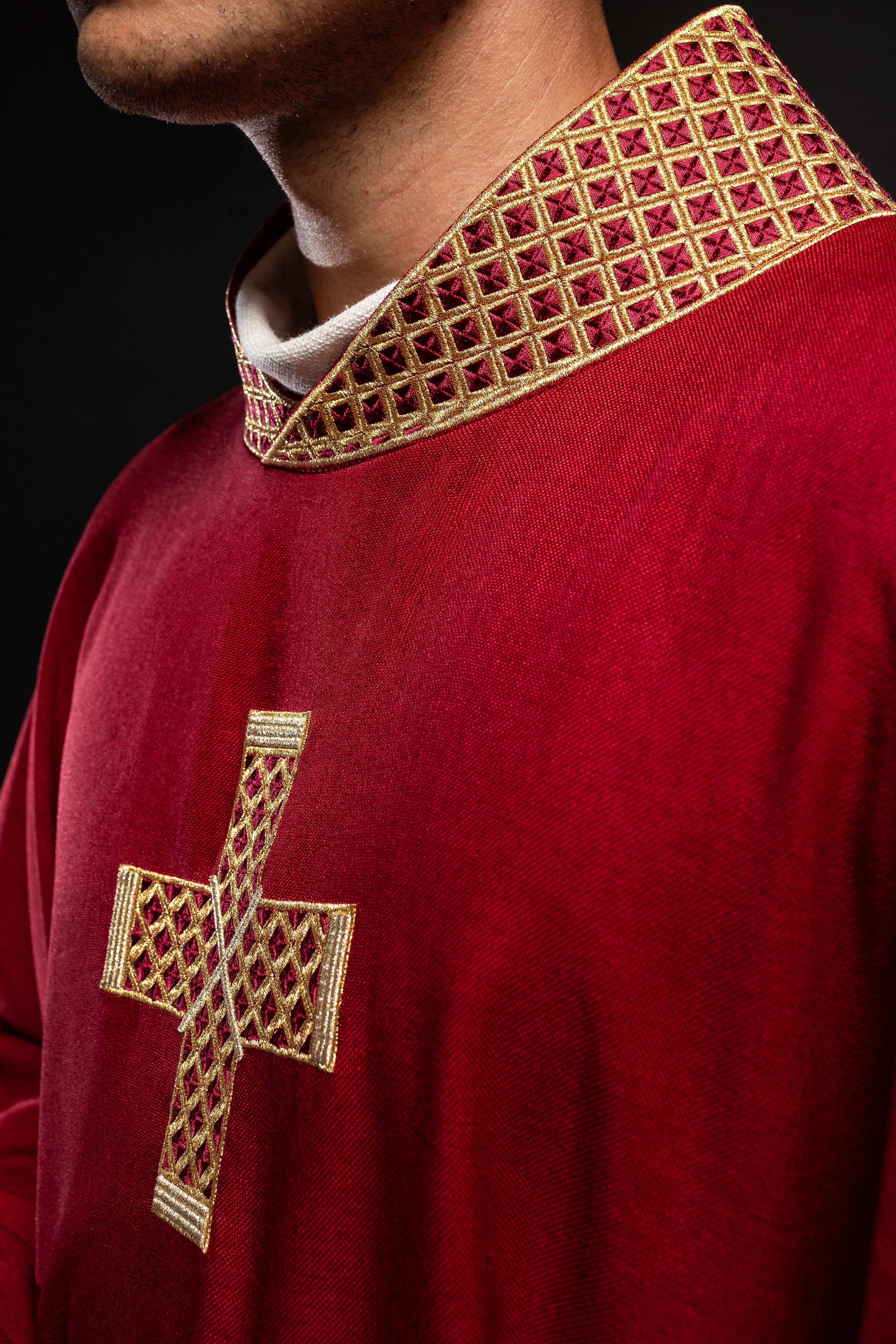 Chasuble in red with embroidered crosses and collar