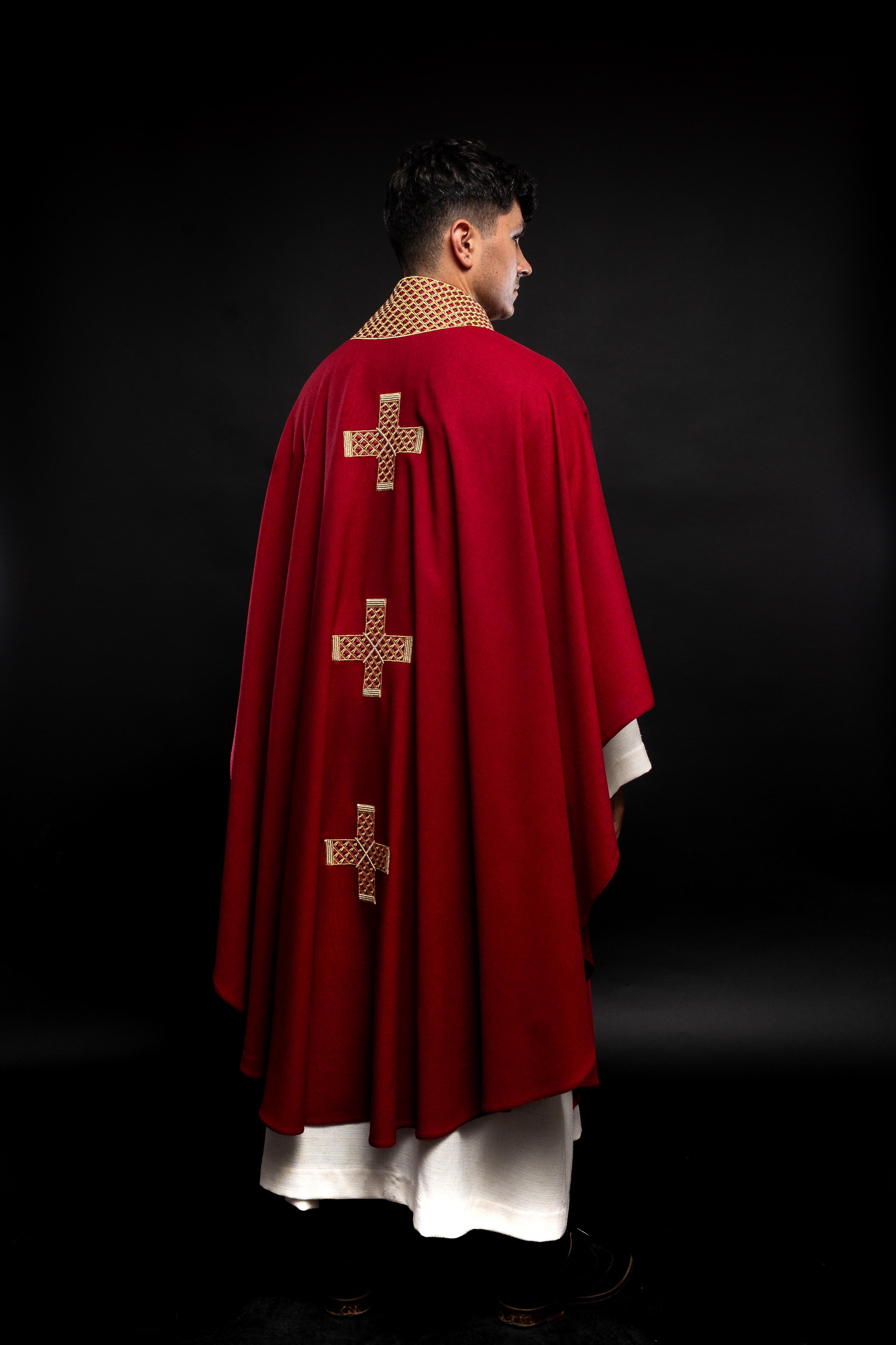 Chasuble in red with embroidered crosses and collar