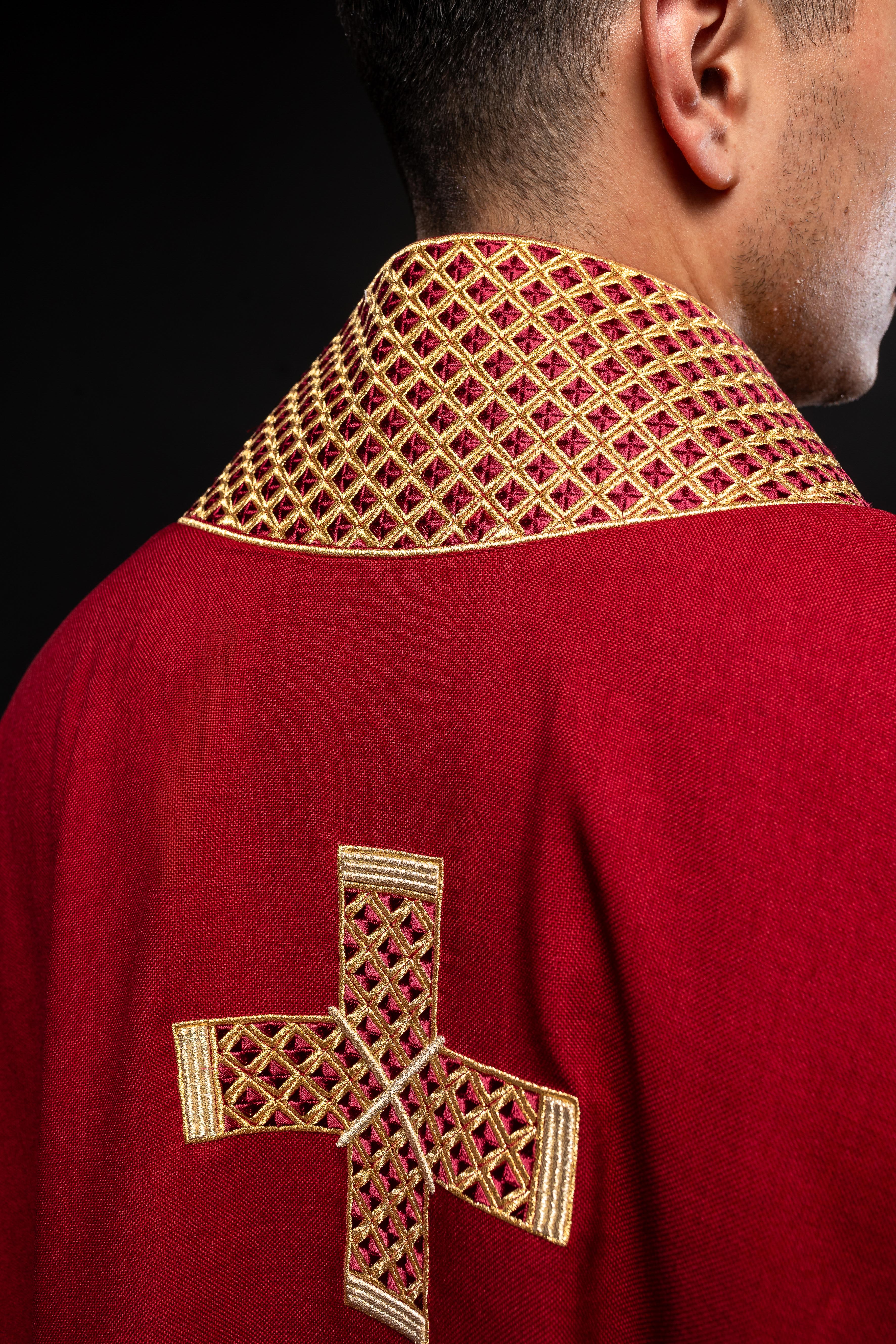 Chasuble in red with embroidered crosses and collar