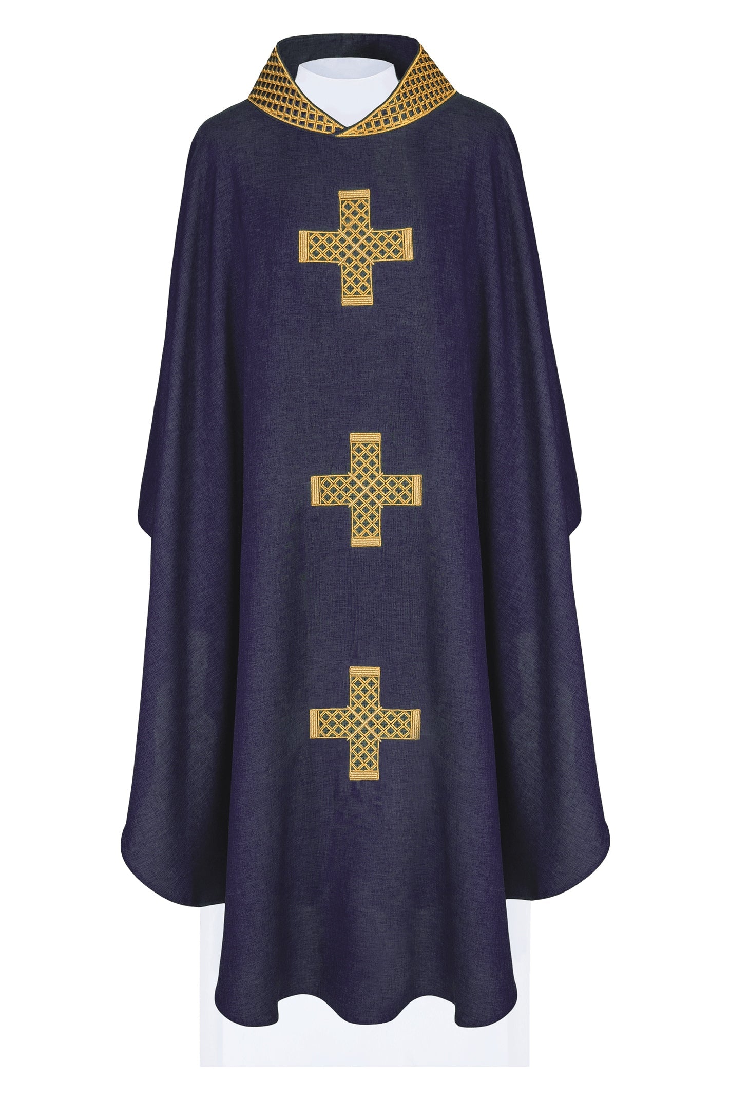 Purple chasuble with embroidered crosses and collar