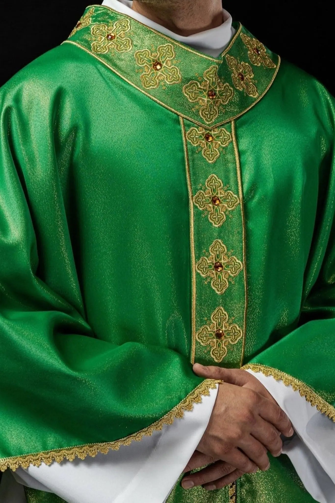 Green chasuble with embroidered belt and collar decorated with stones