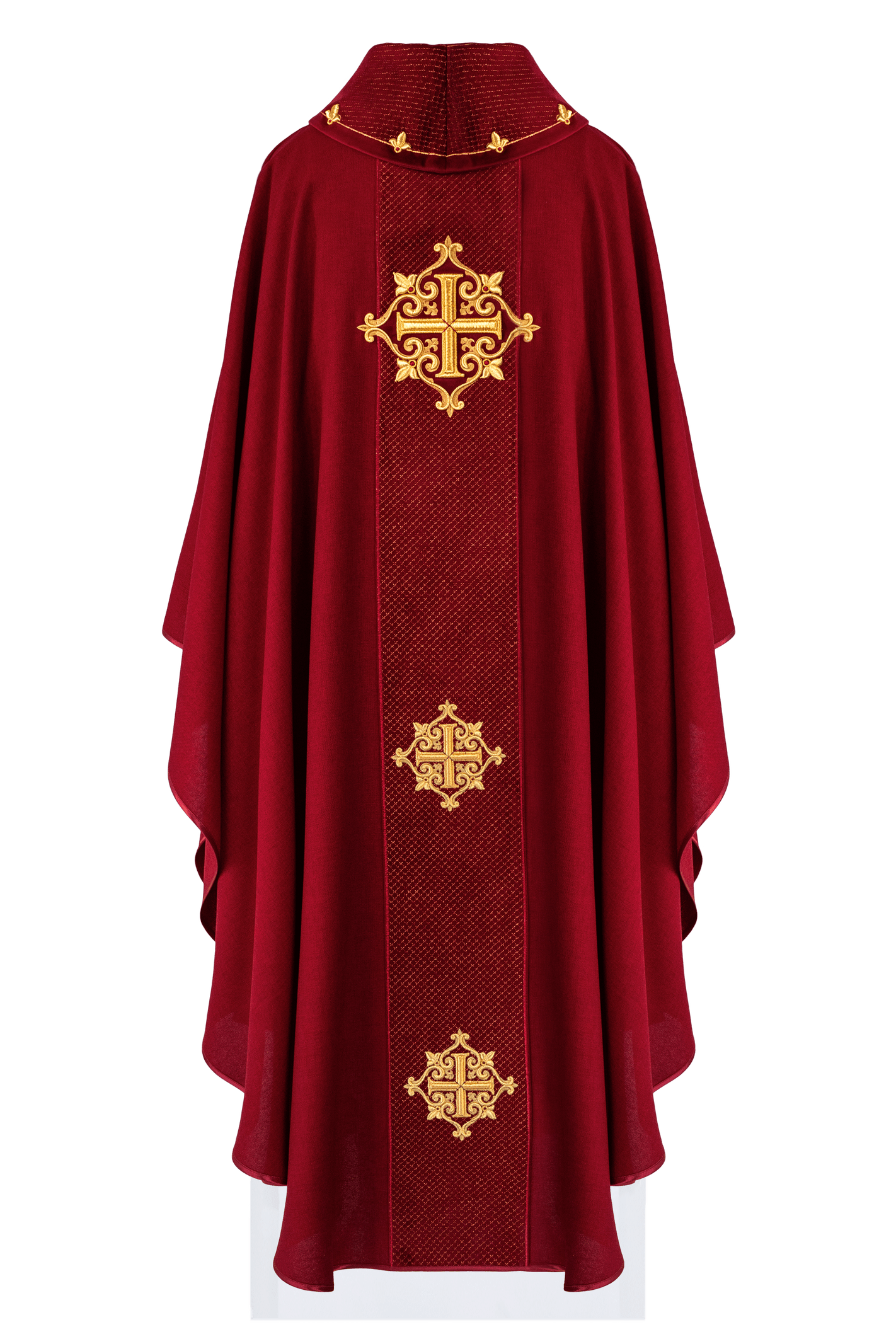 Chasuble with red velvet belt and cross embroidery