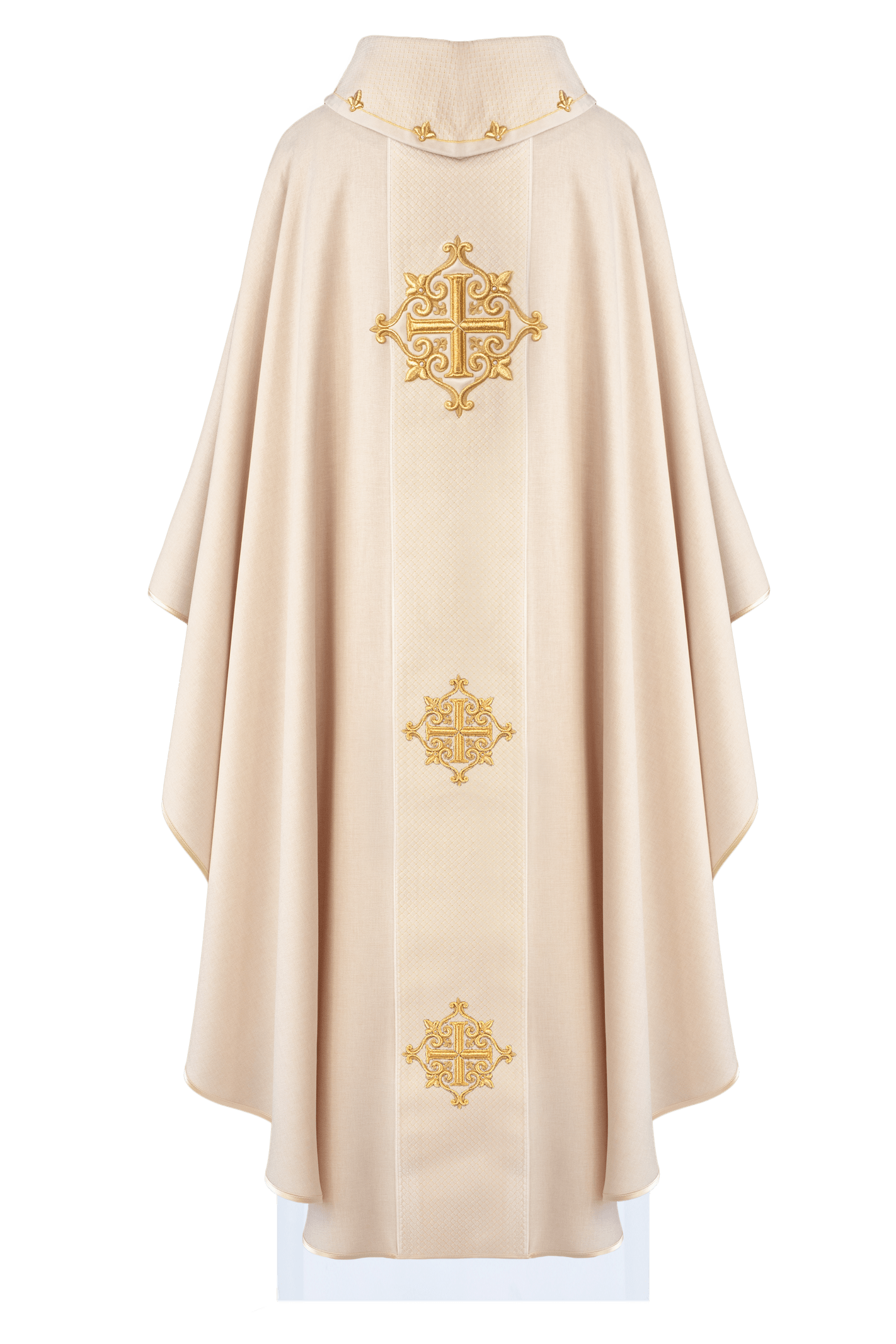 Chasuble with ecru velvet belt and cross embroidery