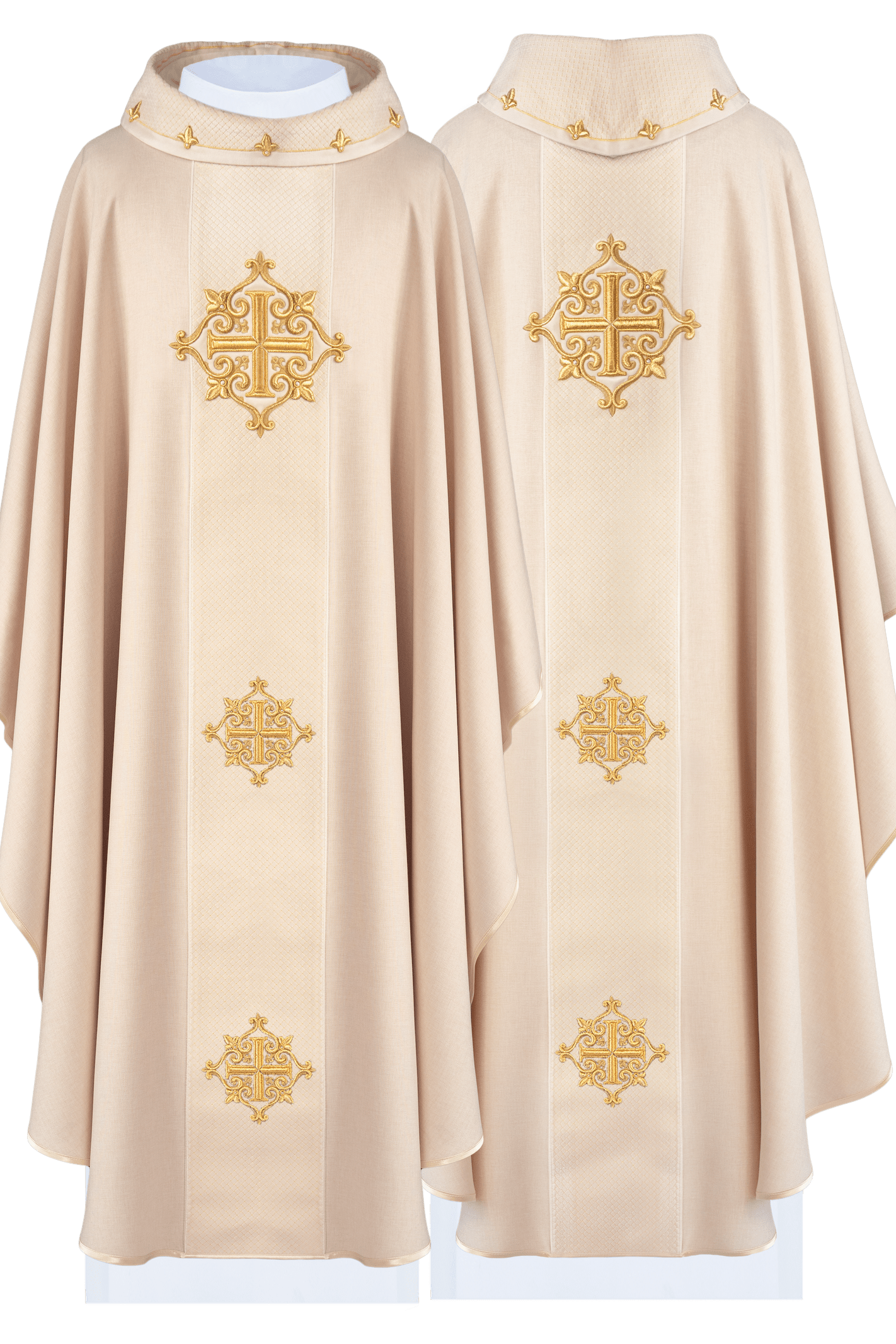 Chasuble with ecru velvet belt and cross embroidery