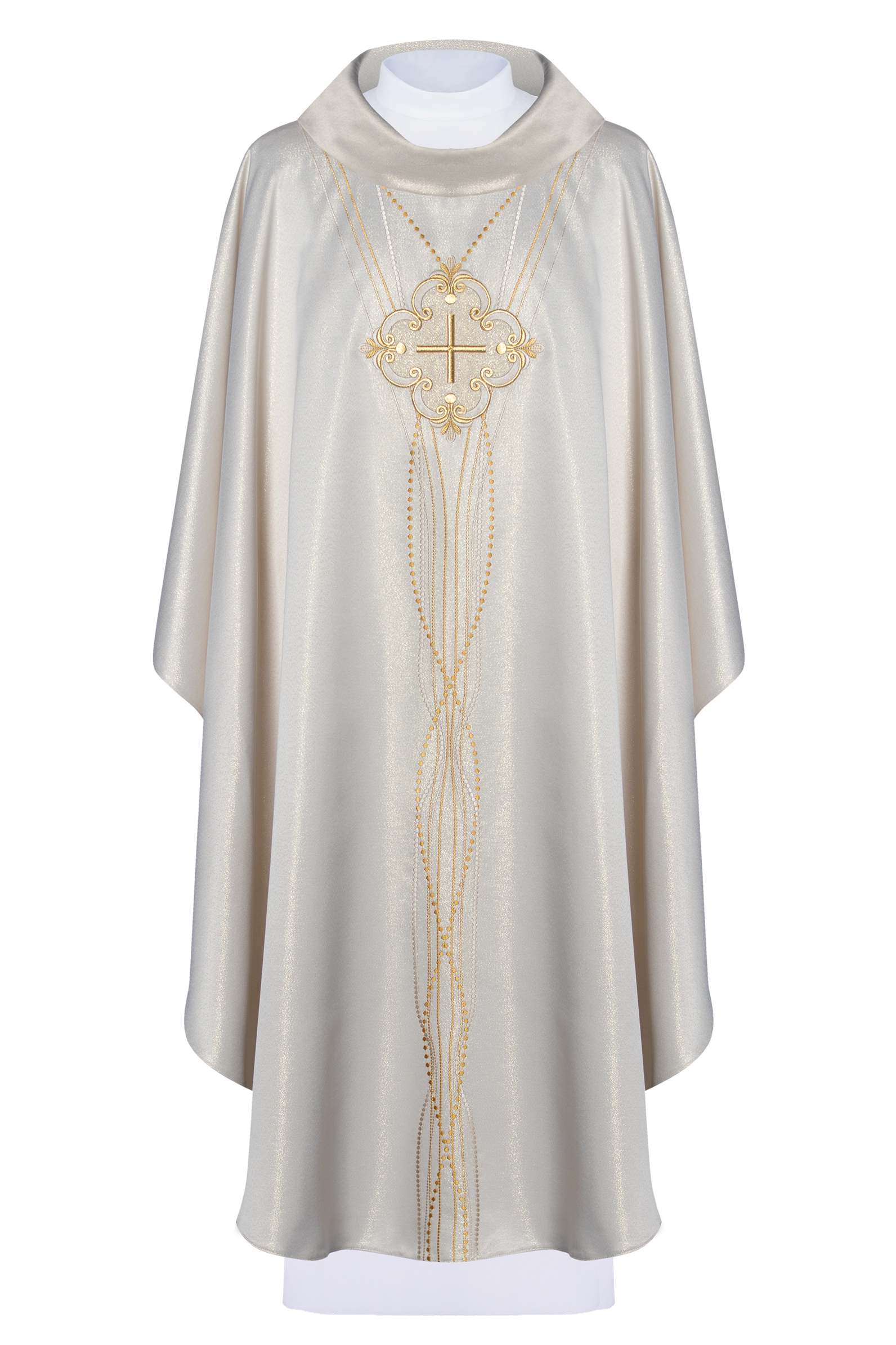 Rosary-inspired shiny fabric chasuble in ecru