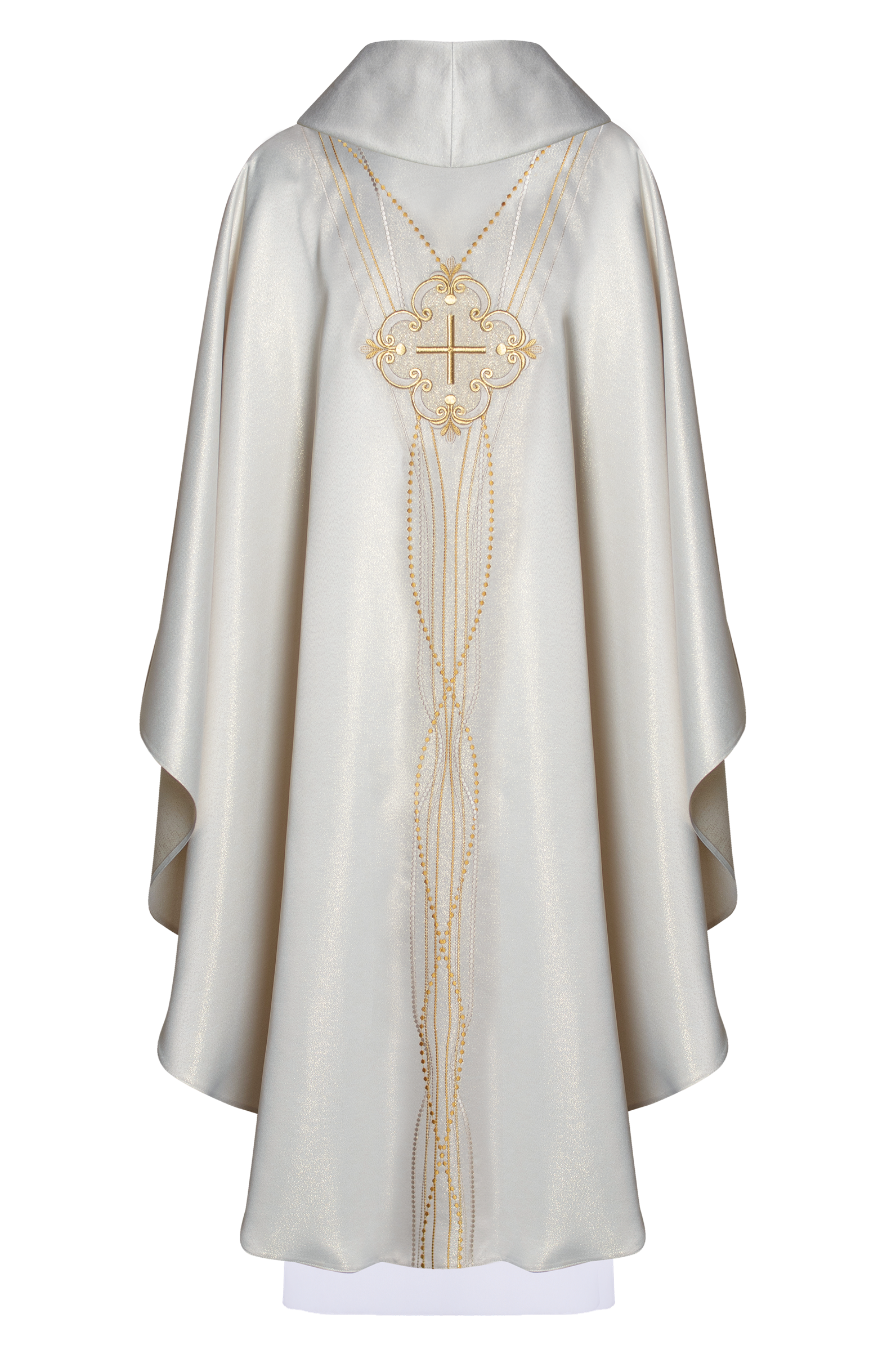 Rosary-inspired shiny fabric chasuble in ecru