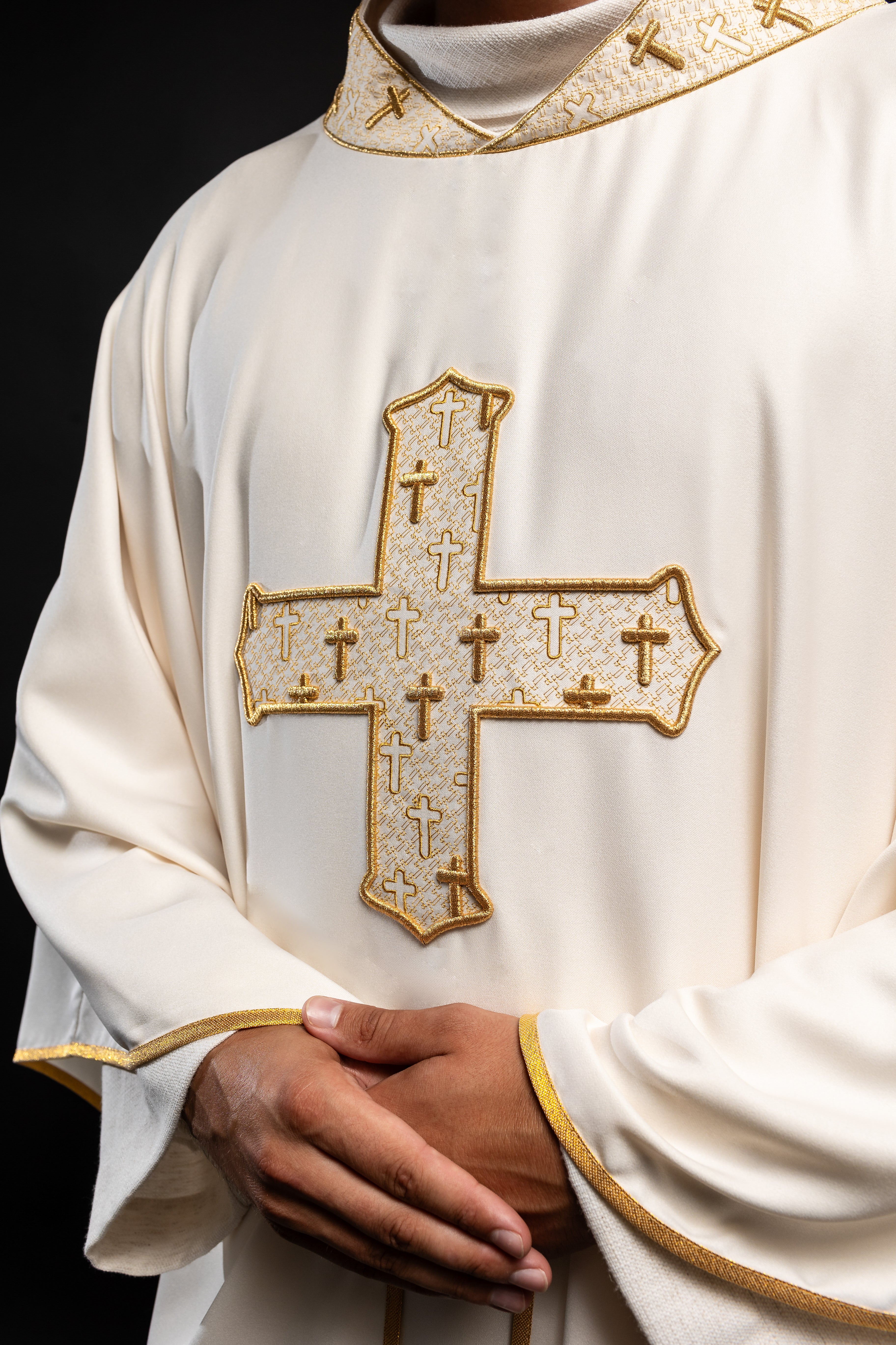 Chasuble with richly embroidered cross and ecru collar