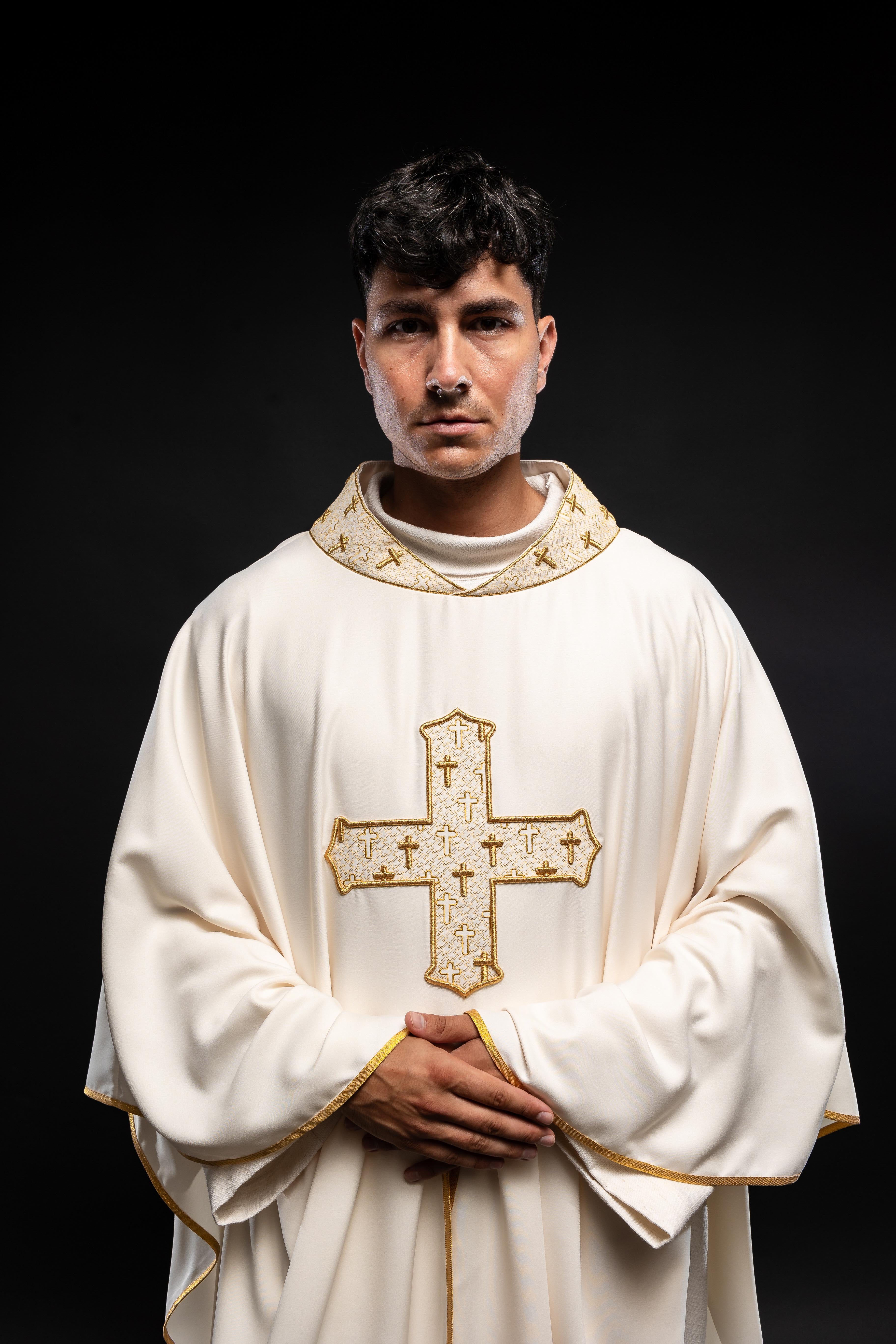 Chasuble with richly embroidered cross and ecru collar