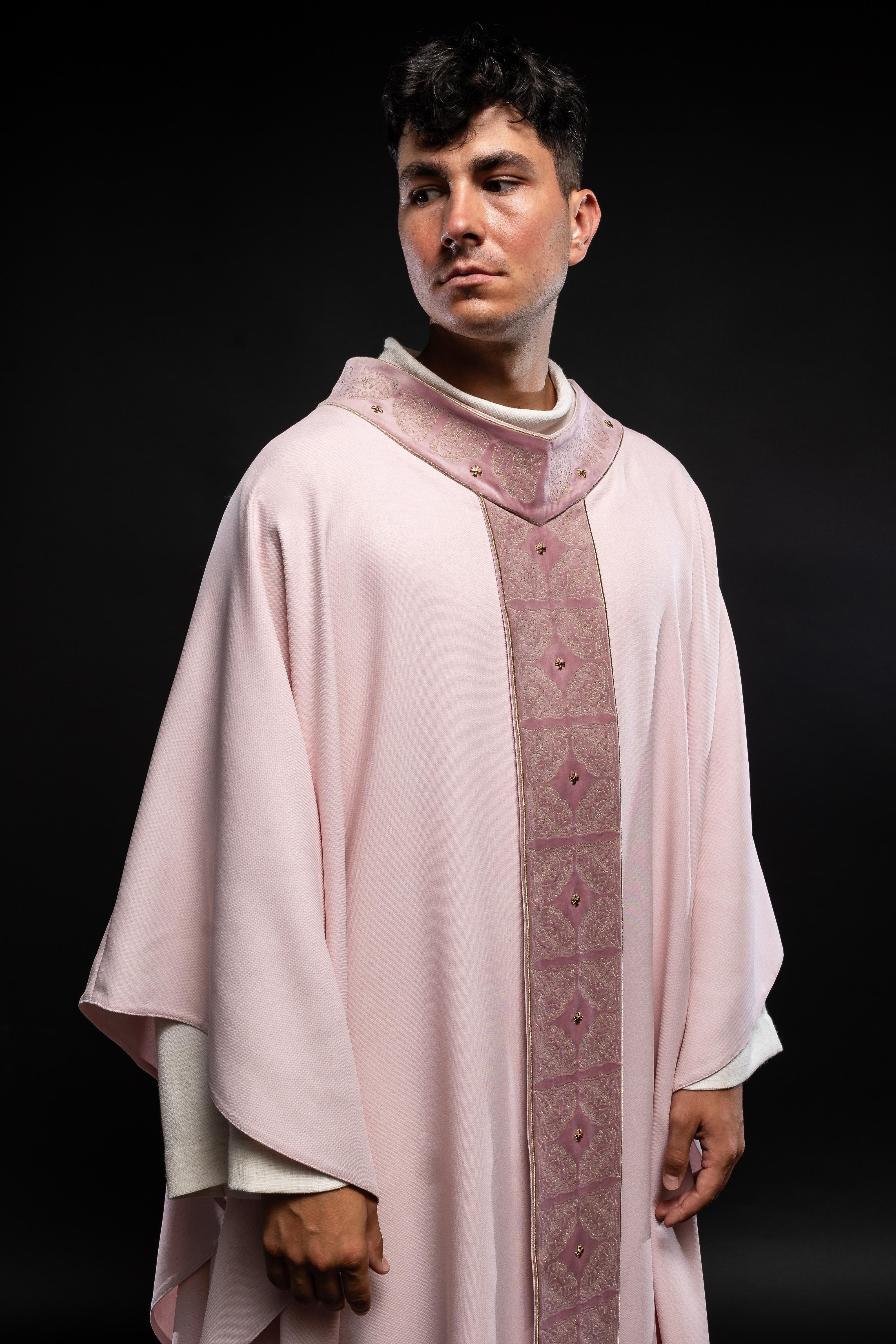 Chasuble with richly embroidered belt and collar in pink