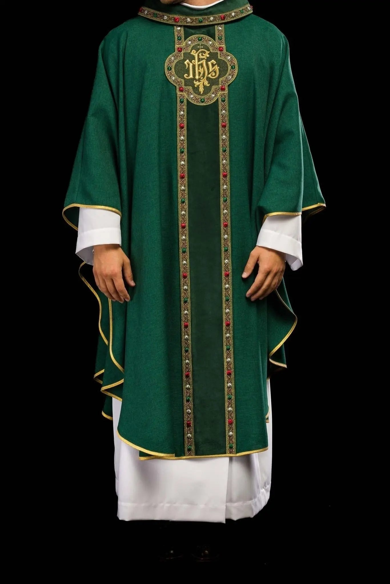 Chasuble with richly embroidered belt and piping around IHS embroidery and collar in green